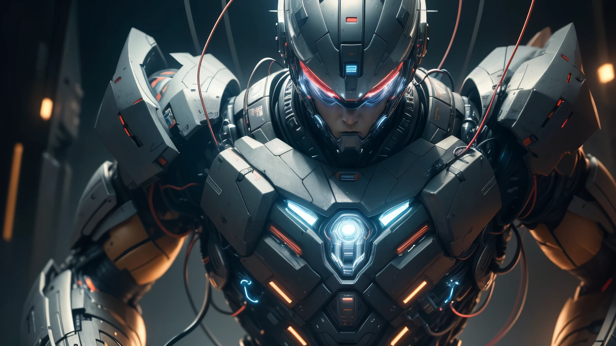 good quality, ultra high resolution，masterpiece, 8K，（reality，detail，close up）A man with many wires plugged into his body，Wearing technological armor，Future Warrior，（whole body effect），from head to foot