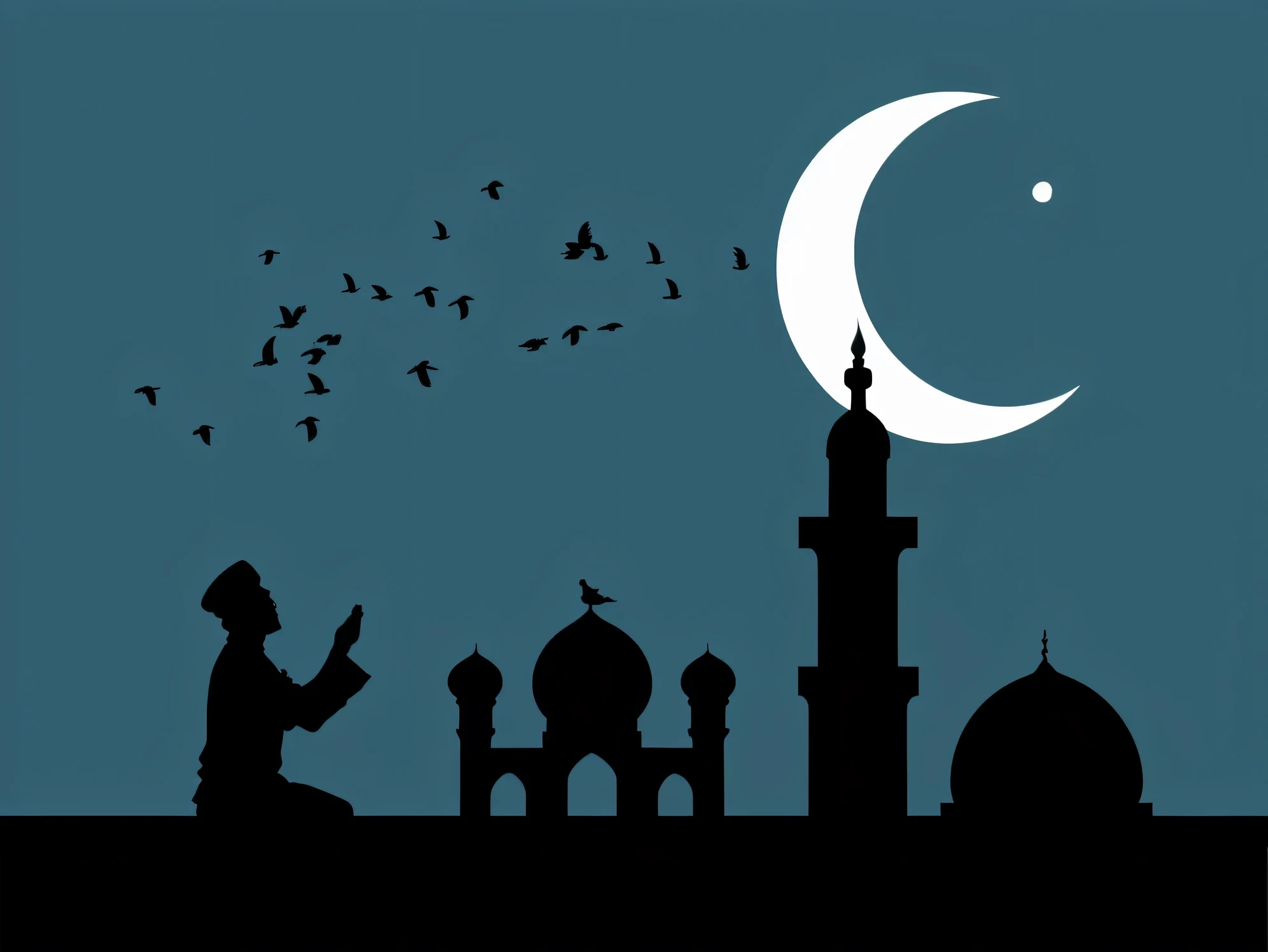muslim man praying in front of a mosque with birds flying overhead, sufism, he is in a mosque, mosque, muslim, arabian night, with beautiful mosques, islamic, simple illustration, shutterstock, moroccan mosque, islam, night with moon and candle, illustration”, arabian nights, flat illustration, islamic art, istock, moor, islamic calligraphy