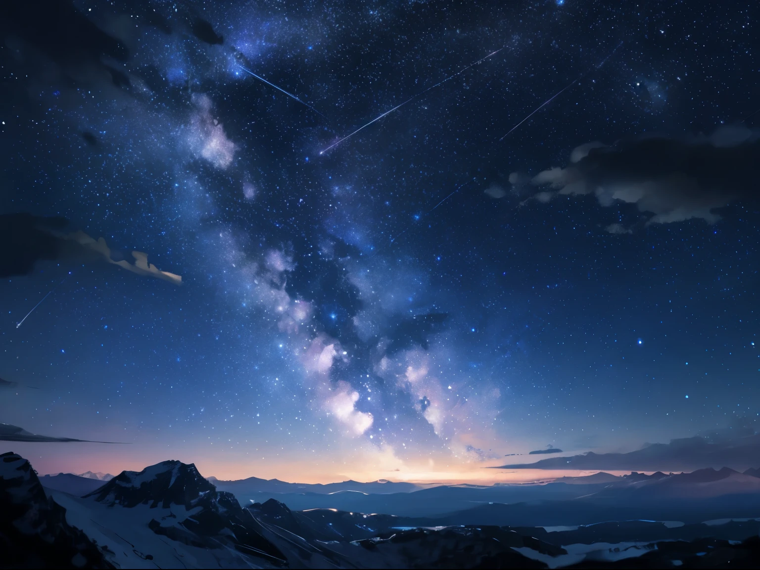 beautiful night view, highly detailed night sky landscape, Sparkling stars that spread endlessly々, huge shining moon, A masterpiece rendered in 8K, Shining constellations forming the Milky Way, Atmospheric influence, sharp focus, Physically based rendering, Realistic star and moon texture, soft, subtle highlights, deep depth, Bright colors, dynamic light and shadow, Fascinating and realistic night sky scene. meteor (shooting star) scattered across the canvas, Add a touch of magic and wonder to your artwork.