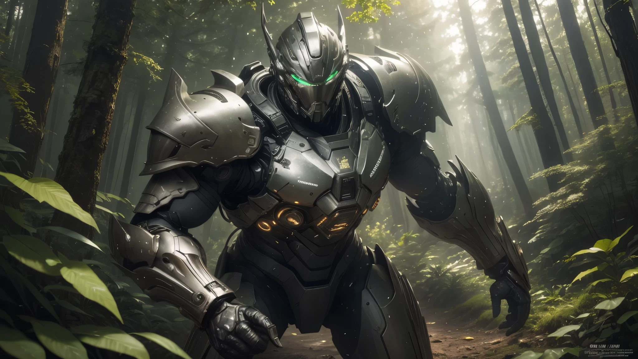 good quality, ultra high resolution,masterpiece, 8K,(reality,detail)A man wearing technological armor,Future Warrior,in the forest,Search target