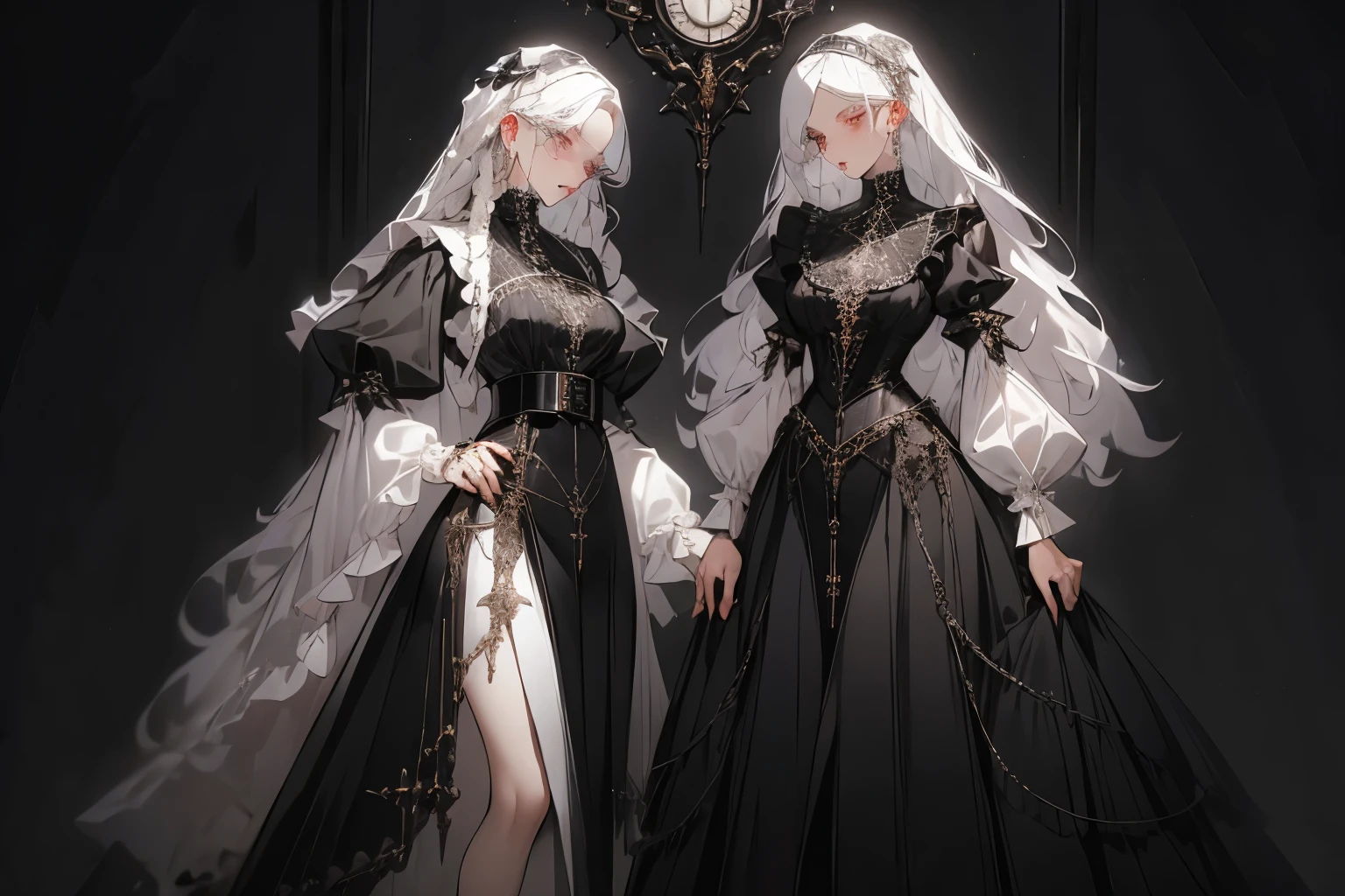 (masterpiece, best quality:1.3), 1 lady, white hair, in the clothes of a nun，short skirt，High slit，Black gothic leather belt，Metal fittings, detailed, gem, victorian dress, horror element，dark style，text, concept