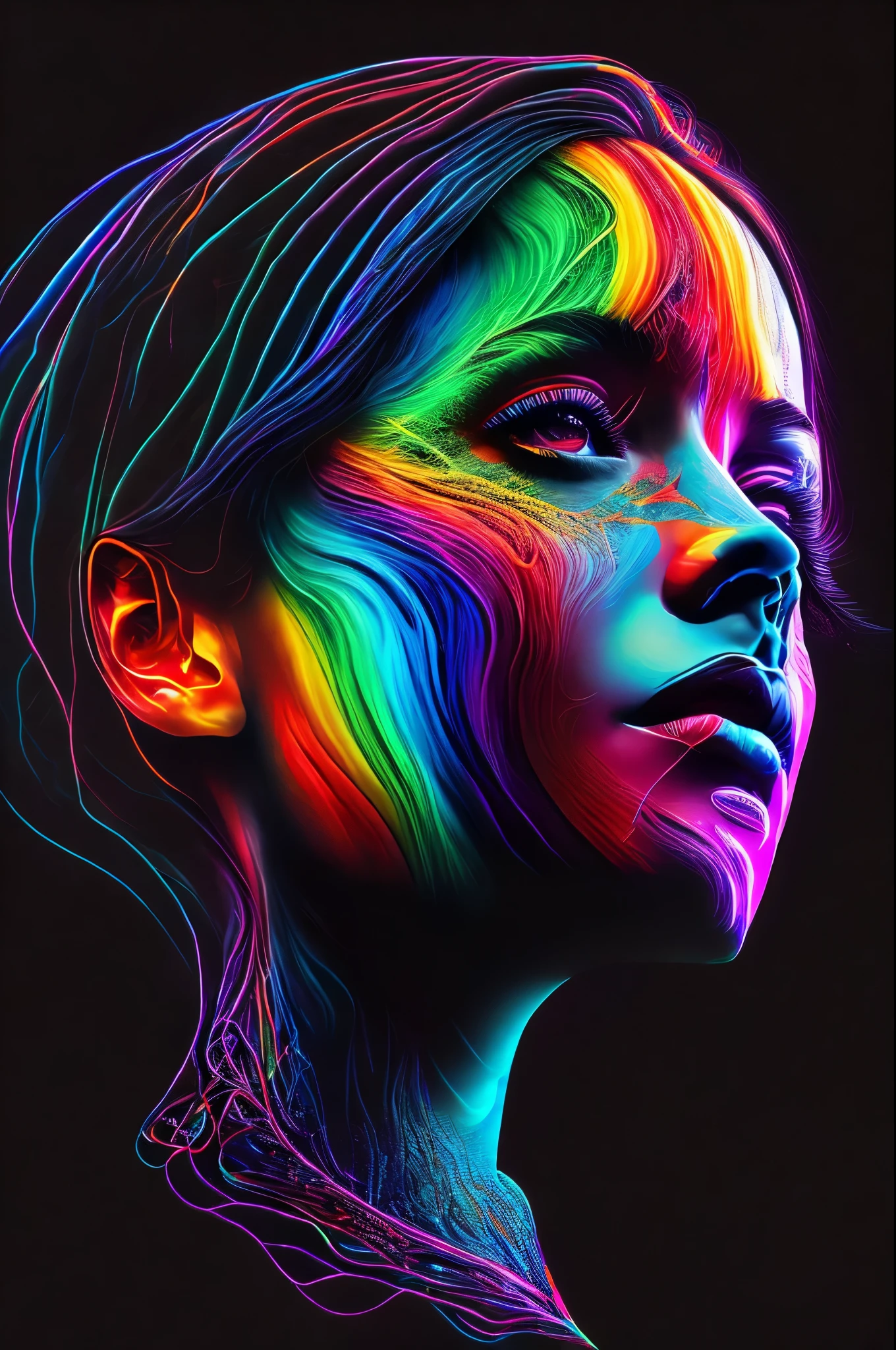 masterpiece, best quality, extremely detailed, hyperrealistic, neon-light-effect, a digital painting of a woman's face, ultra detailed face:1.1, cool neon colors, vector art, psychedelic art, intricate neon circuit pattern, avatar image, shiny hair, neon outlines, art cover illustration, cosmic space background, ethereal atmosphere, cosmical concept, rainbow strings, rainbow skin, rainbow bloody veins growing and intertwining out of the darkness
