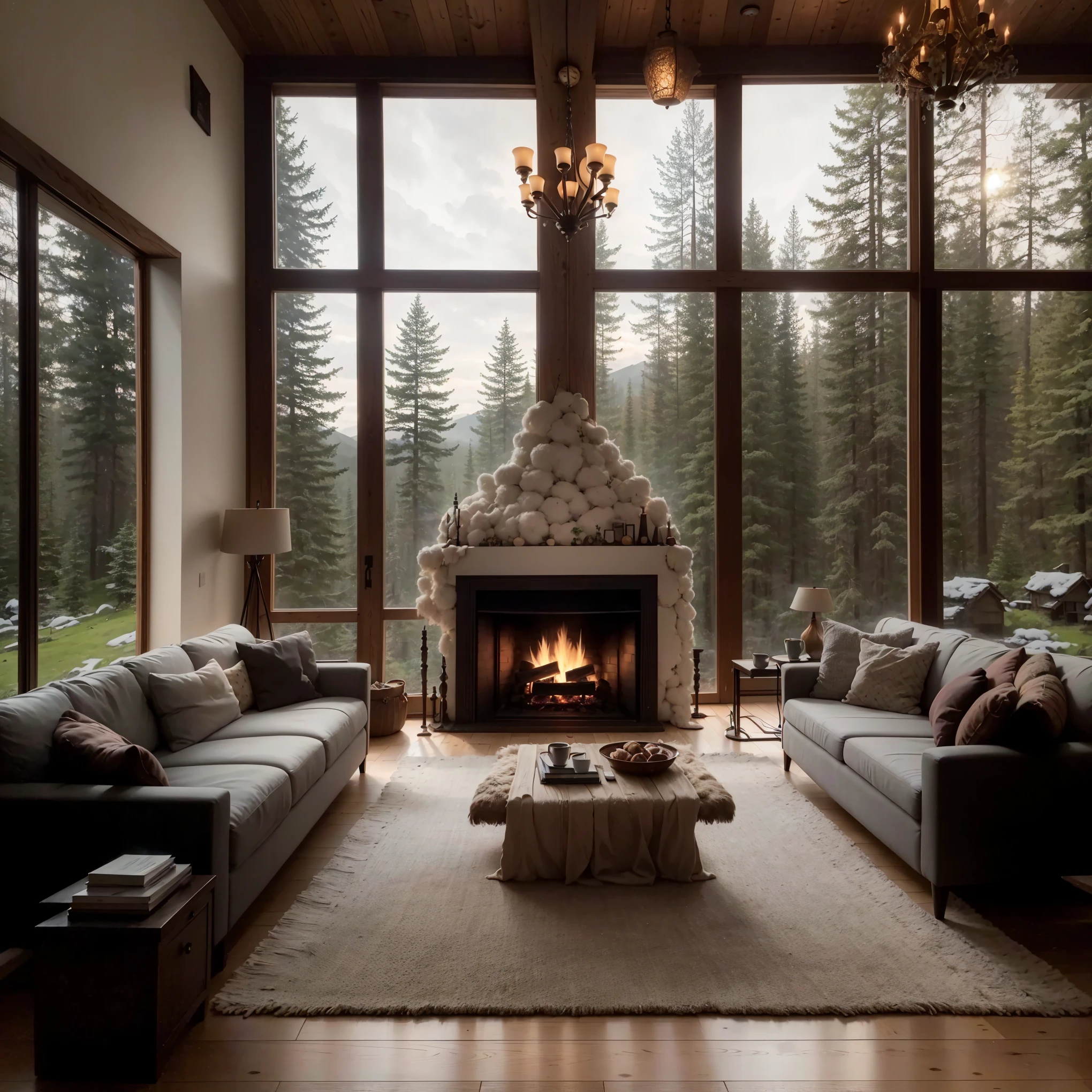 THIS EVENING WOODEN CABIN LIVING ROOM ANIME BACKGROUND, (COZY ATMOSPHERE), (SUBTLE LIGHTING), BRIGHT STONE FIREPLACE FIRE, LIONSKIN RUG THIS EVENING BEST QUALITY, TRANSPARENT GLASS WINDOWS