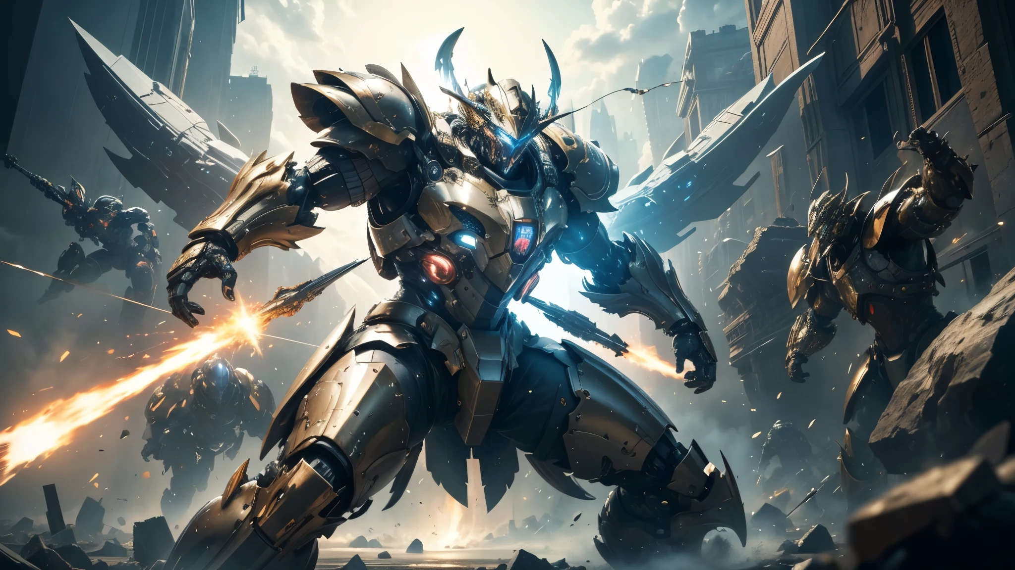 good quality, ultra high resolution,masterpiece, 8K,(reality,detail)Future warrior wearing technological armor,In the midst of waerce battles with enemies,whole body effect