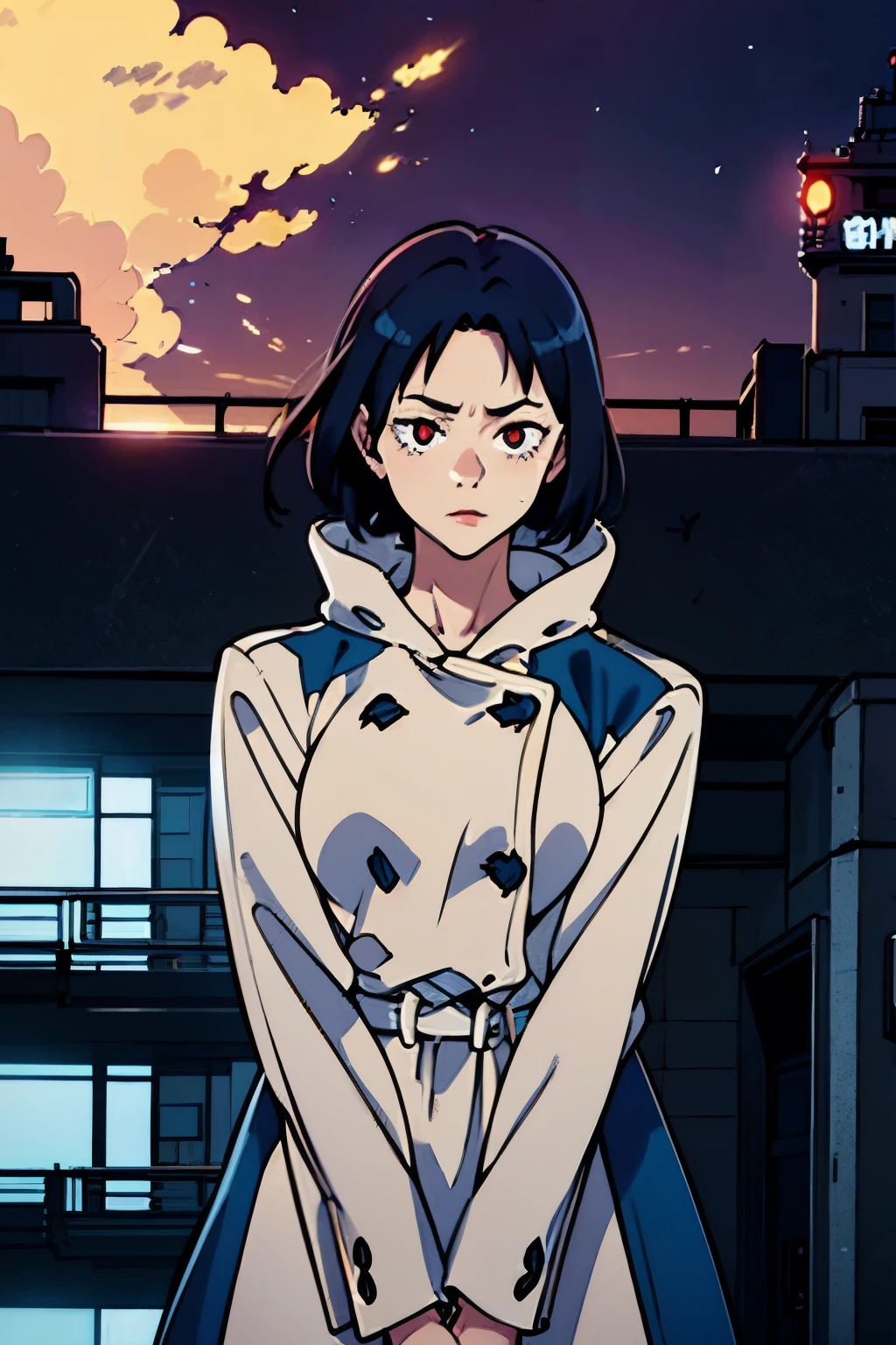 Visualize a bustling cityscape at dusk, with neon lights flickering and casting vibrant hues. In the midst of this, a silhouette of a man, Kayden, stands atop a building, overlooking the city, his coat billowing in the wind. The style is dramatic and detailed, capturing the essence of anime, with a focus on the glowing eyes that hint at his powerful nature.