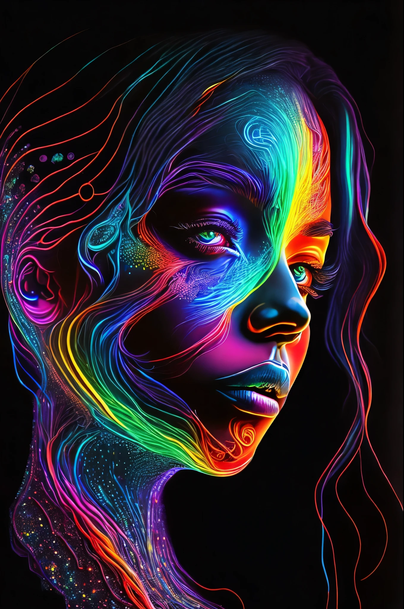 masterpiece, best quality, extremely detailed, hyperrealistic, neon-light-effect, a digital painting of a woman's face, ultra detailed face:1.1, cool neon colors, vector art, psychedelic art, intricate neon circuit pattern, avatar image, shiny hair, neon outlines, art cover illustration, cosmic space background, ethereal atmosphere, cosmical concept, rainbow strings, rainbow skin, rainbow bloody veins growing and intertwining out of the darkness
