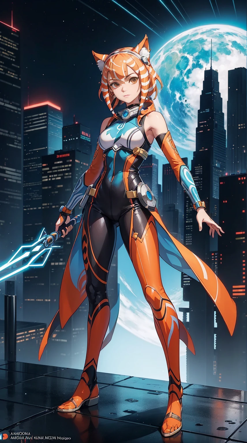 (((full body photo)))full body view, anime, vibrant and vivid color palette, Ahsoka Tano wearing her iconic outfit in an future city of coruscant, Ahsoka tano likeness, ashoka tano features, highest quality, 4K, ultra-detailed elements,