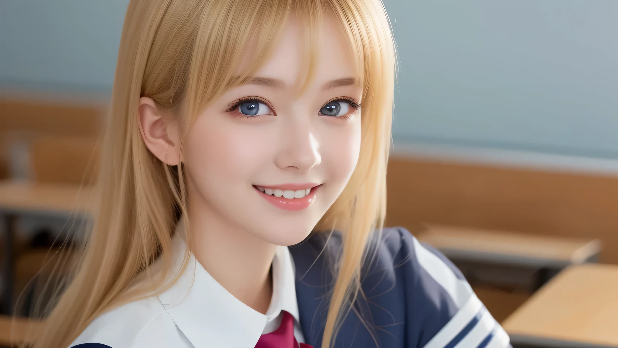 (1 girl), 18-year-old, (big round eyes), (cute dimples), enchanting smile, blonde hair, blue eyes, (high School uniform:1.2), (highest quality: 1.4), (Super detailed), (highest quality:1.4), (Super detailed), evening, very high resolution, (Upper body), close up face, (School, classroom), School anime, anime illustration,