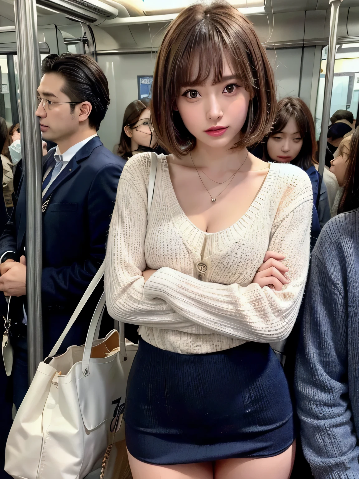 (masterpiece:1.3), (8K, realistic, Raw photo, highest quality: 1.4), (1 girl), beautiful face, (realistic face), (brown hair, you feel the skin、 short hair:1.3,With bangs), beautiful hairstyle, realistic eyes, fine and beautiful eyes, (realistic skin), beautiful skin、((navy miniskirt、White collar knitwear、I have a black bag、beautiful necklace))、Breast flick、((medium breasts))、(in a crowded train)、From the side、full body、(look away)、I can see the whole body、(Are standing)、crossed arms、((chest hold))
