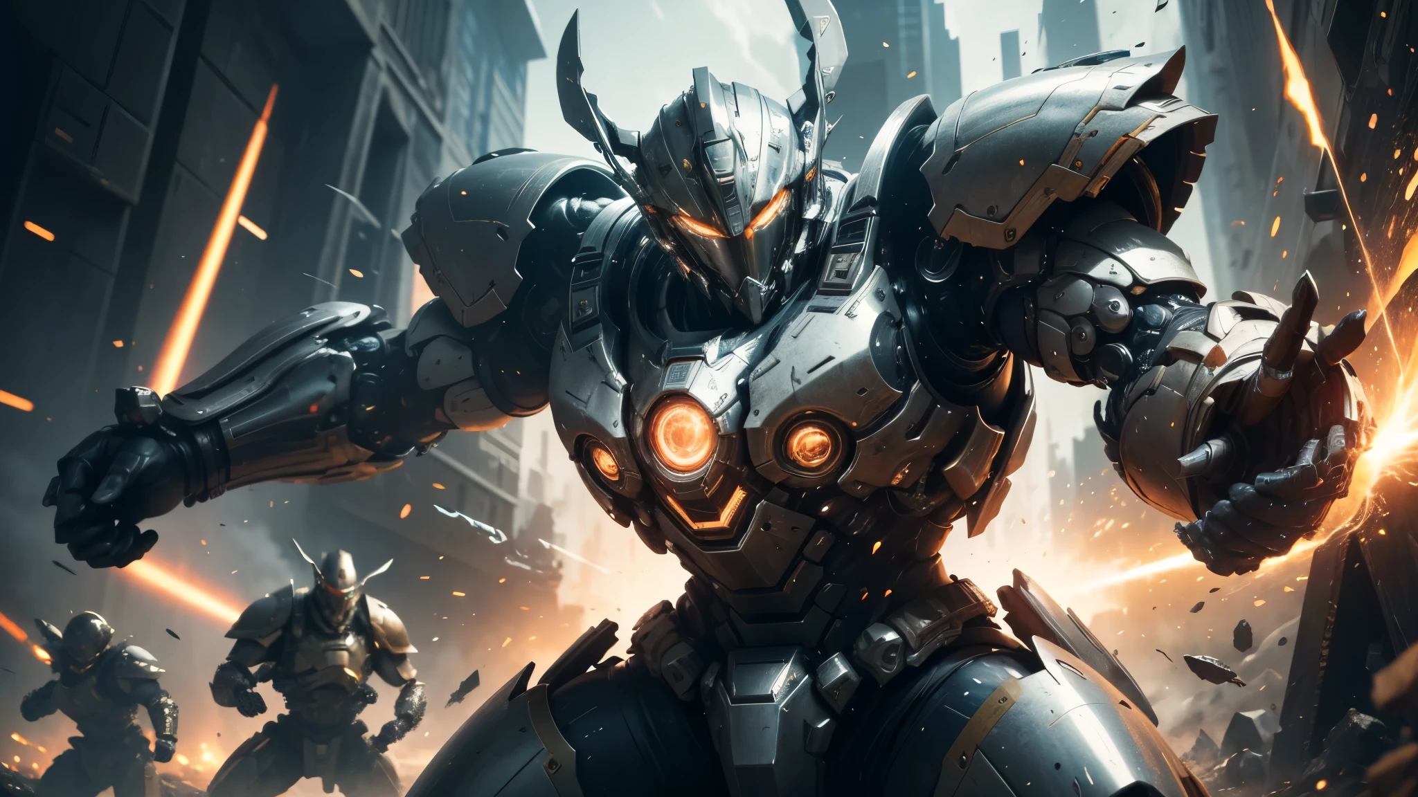 good quality, ultra high resolution,masterpiece, 8K,(reality,detail)A futuristic warrior wearing technological armor,In the midst of waerce confrontation with the enemy,whole body effect