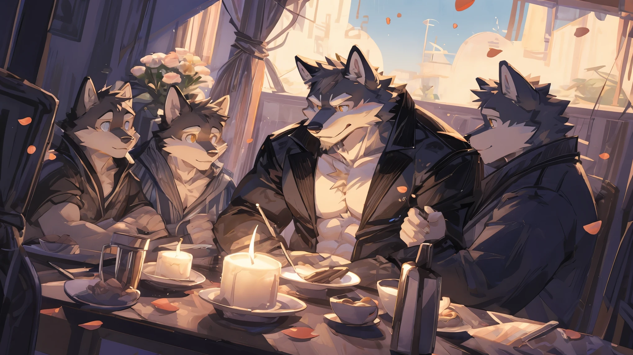 (masterpiece:1.2), best quality,pixiv,official art,(Ray tracing, light), (flower petal in the sky :1.3), (1_male:1.3) , (muscle), (gray fur:1.4), (muscle wolf), (beard:1.2), (gleaming golden eyes), Thick eyebrows, bathrobe , full body , indoor , bedroom, French window, lying in bed