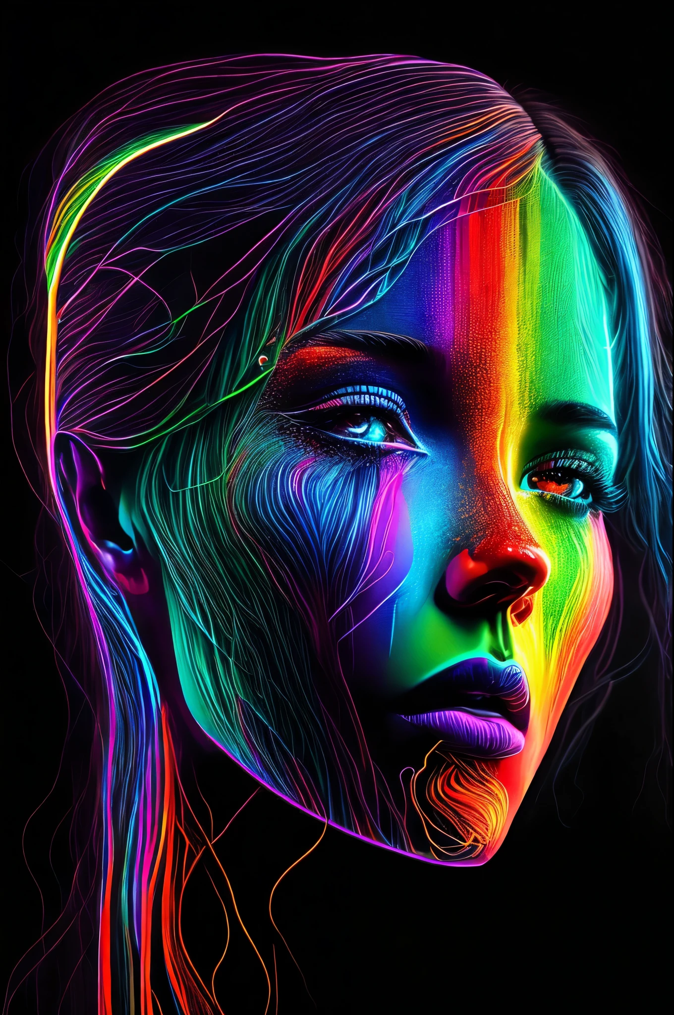 masterpiece, best quality, extremely detailed, hyperrealistic, neon-light-effect, a digital painting of a woman's face, ultra detailed face:1.1, cool neon colors, vector art, psychedelic art, intricate neon circuit pattern, avatar image, shiny hair, neon outlines, art cover illustration, cosmic space background, ethereal atmosphere, cosmical concept, rainbow strings, rainbow skin, rainbow bloody veins growing and intertwining out of the darkness
