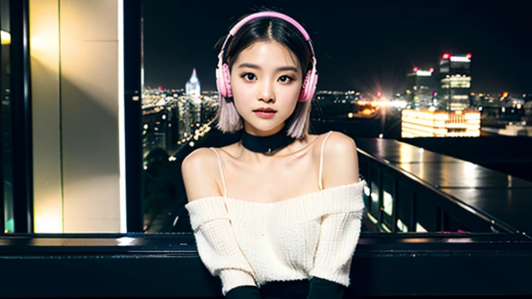 In a room within a high-rise building, the panoramic view of the bustling city's night skyline spreads out from the floor-to-ceiling window. The room is filled with dazzling lighting, including numerous LED joint lights mounted on the window frame in white and gold hues.

Seated on an inorganic silver bench connected to the window is a woman around 20 years old with medium-length silver hair. She has long limbs and a cute expression, with her gaze slightly downcast towards the wall. She is wearing a smartly designed black short-sleeved top from a high-end brand, paired with blue sweatpants. On her head, she wears white-pink headphones with glowing LED lighting, and she has a black choker around her neck.

This scene symbolizes the lifestyle of the future city, blending technology and elegance, inviting the imagination to envision a stylish lifestyle fused with technology and elegance.