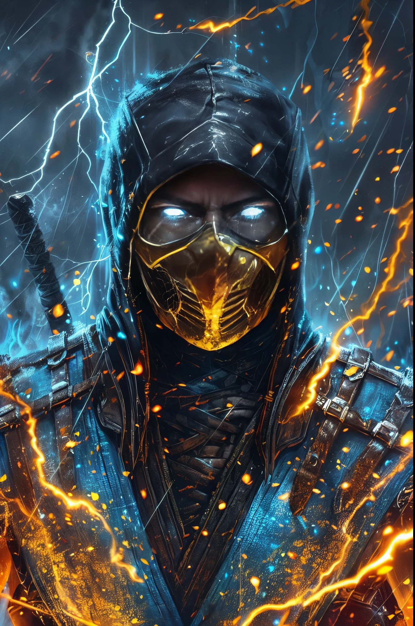 a close up of a person wearing a mask and holding a sword, scorpion from mortal kombat, character from mortal kombat, 4k detailed digital art, mk ninja, hq 4k wallpaper, badass anime 8 k, in mortal kombat, wallpaper 4k, wallpaper 4 k, 4k highly detailed digital art, mortal kombat 11, style of mortal kombat