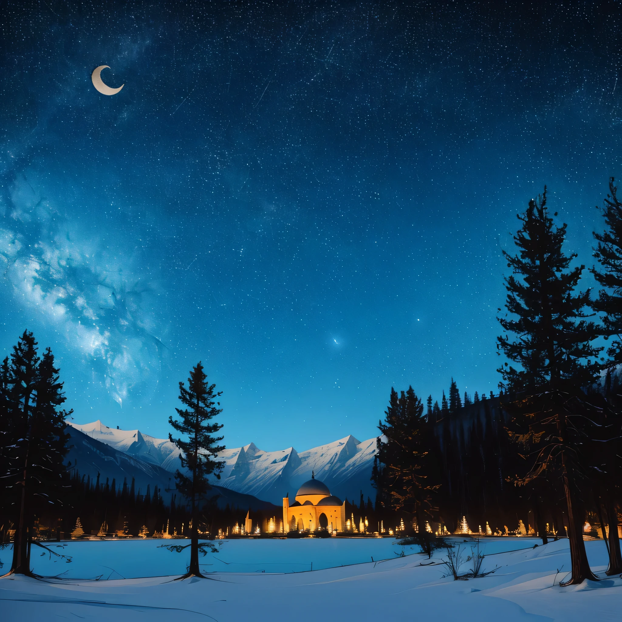 view of the mosque under the mountains at night, the sky full of stars and moon, the lake behind the mosque, and lush pine trees, beautiful night, high resolution, super detail object