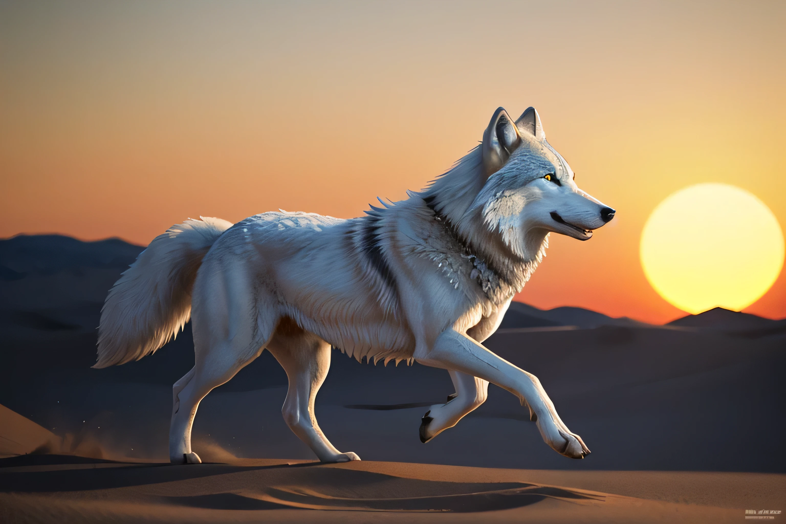 there is a wolf running in the desert with a sunset in the background, dire wolf, great wolf, fenrir, white wolf, by Galen Dara, by Adam Marczyński, blue wolf, by László Balogh, fantasy wolf portrait, a white wolf, by Wolf Huber, wolf, dramatic cinematic detailed fur, goldenwolf