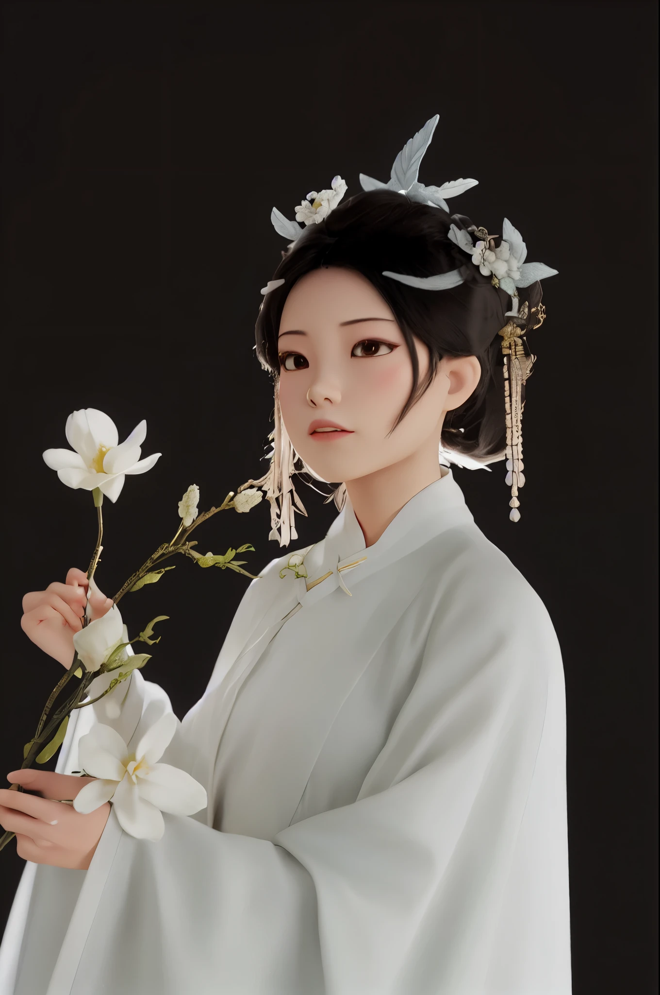 Asian woman in white dress holding a white flower and a white flower, 白色Hanfu, Hanfu, palace , 一个穿着Hanfu的女孩, Pair with Chinese clothing, wearing chinese clothes, Chinese traditional clothing, Chinese style, Hanfu,Disney style,pastel color, mockup, fine,luster,clean background,dreamland,3Dender, Soft focus, oc, blender, best,quality,8k