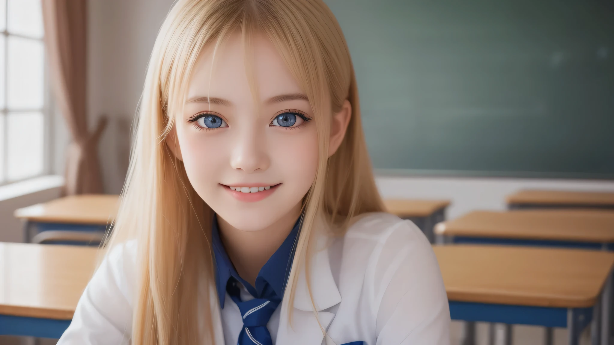 (1 girl), 18-year-old, (big round eyes), (Western features), enchanting smile, (blonde hair, blue eyes), (high School uniform:1.2), (highest quality: 1.4), (Super detailed), (highest quality:1.4), (Super detailed), evening, very high resolution, (Upper body), close up face, (School, classroom), School anime, anime illustration,