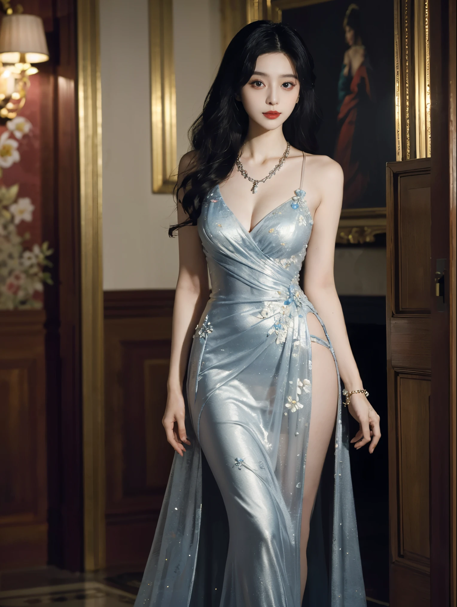 top-quality、tmasterpiece、超A high resolution、(Photorealsitic:1.5)、RAW photogr、1girl in、shadowy、deep shading、Unobtrusive、cold light、Sexy appearance、long whitr hair,curlies、((Luxury evening dress))、((Luxurious painting))、((Luxurious necklace))、((Floral hair ornament))、((Hair_decorations)),hdr