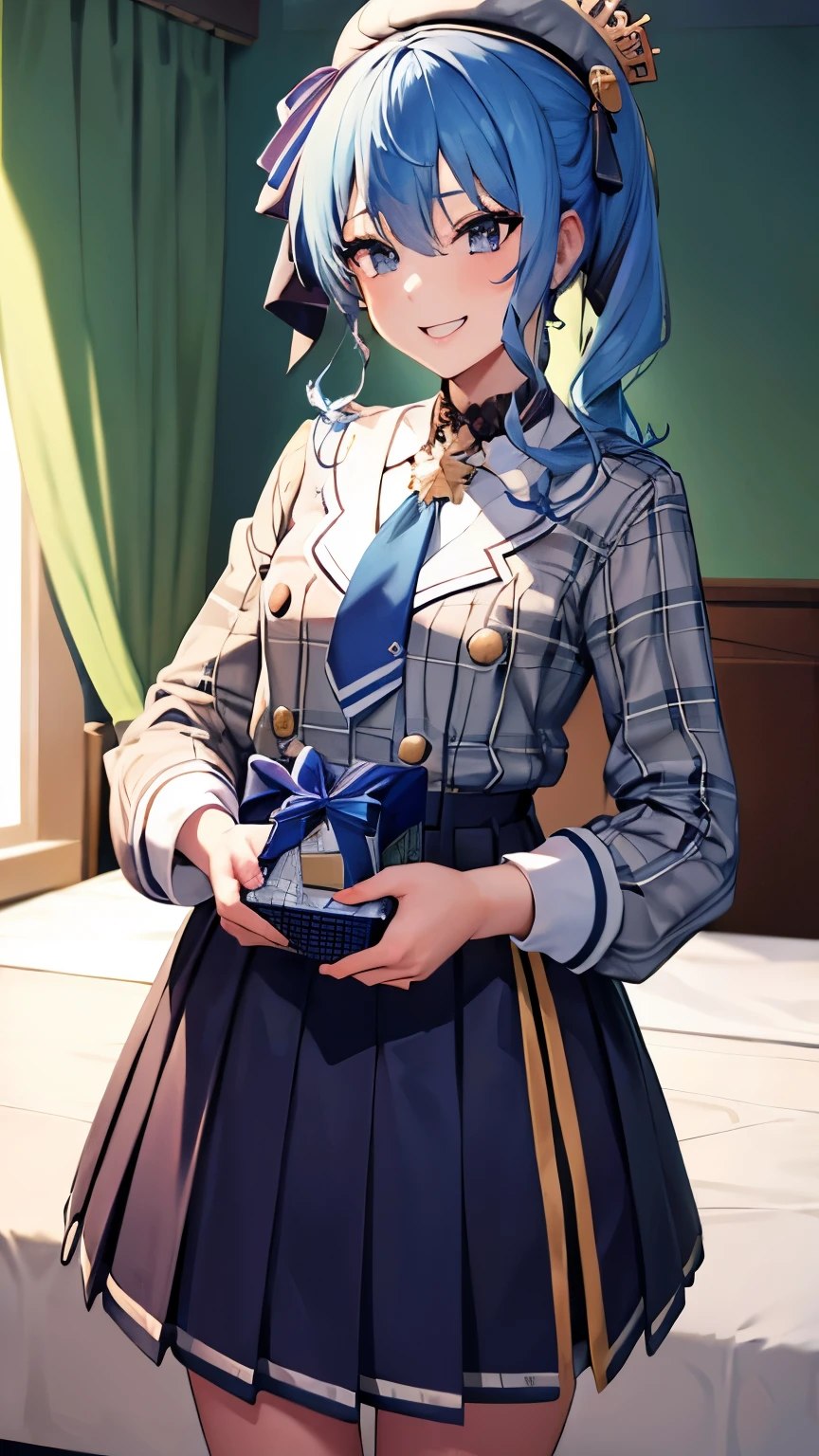 （give  presentbox  to boy）, （exchanging gifts）　,（giving a gift）,8K,highest quality,masterpiece, highest quality, High resolution, SUI1, 1 girl, alone, side ponytail, (( hoshimachi suisei)), small breasts,small nipples,she is sadistic、 ((charm))、Keep your lips open、 grinning smile、perfect proportions、((in her room))、(((she is standing))),