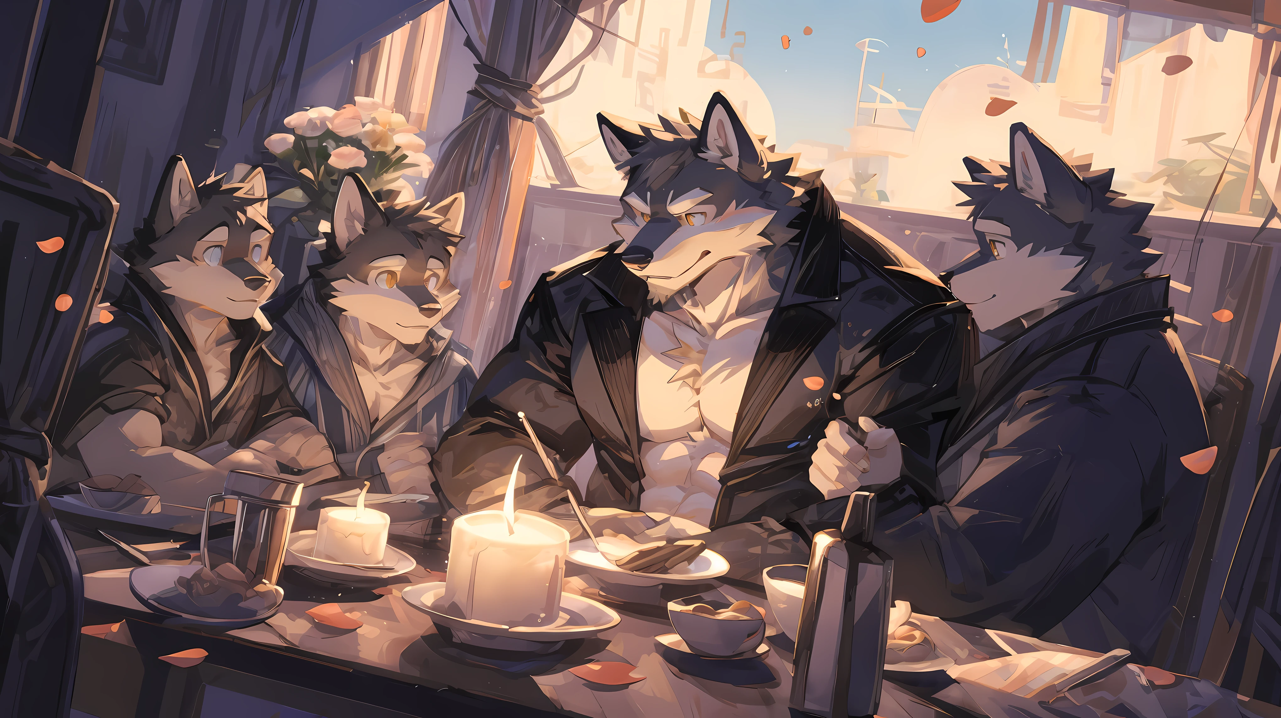 (masterpiece:1.2), best quality,pixiv,official art,(Ray tracing, light), (flower petal in the sky :1.3), (1_male:1.3) , (muscle), (gray fur:1.4), (muscle wolf), (beard:1.2), (gleaming golden eyes), Thick eyebrows, bathrobe , full body , indoor , bedroom, French window, lying in bed