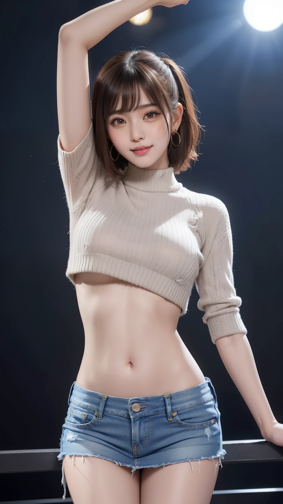Raw photo, Extremely delicate and beautiful, ultra high resolution, Detailed Lighting, Octane Render, Highly detailed ticker Unity 8k wallpaper, Soft lighting, Unity, Wallpaper, Realistic, Ultra-detailed light and shadow, Esbian, BREAK 1girl, Photo Idol Girl, Short hair,(happy smile), (large breasts), ((cowboy shot)), Front view, stand, looking the viewer, exposed skin, (white Sweater), show abs, show nipple, (wet), pubic bone focus, full body, outdoor, track and field, (high beams), nsfw, pussy, pubic hair,uncensored, pussy, spread legs, bottomless, ((cowboy shot)), (from below),