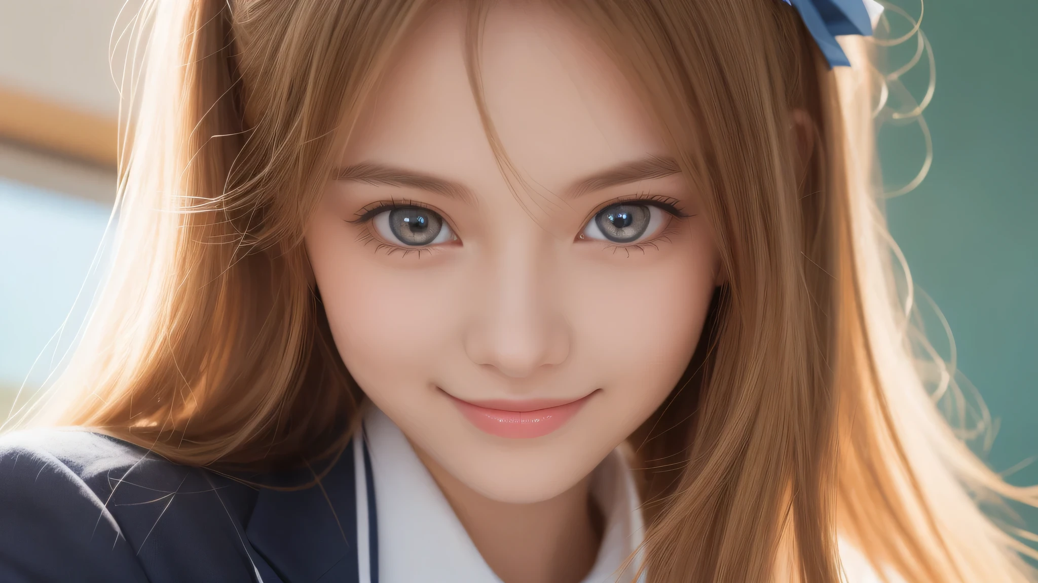 (1 girl), 18-year-old, (big round eyes), (Western features), enchanting smile, (blonde hair, blue eyes), (high School uniform:1.2), (highest quality: 1.4), (Super detailed), (highest quality:1.4), (Super detailed), evening, very high resolution, (Upper body), close up face, (School, classroom), School anime, anime illustration,