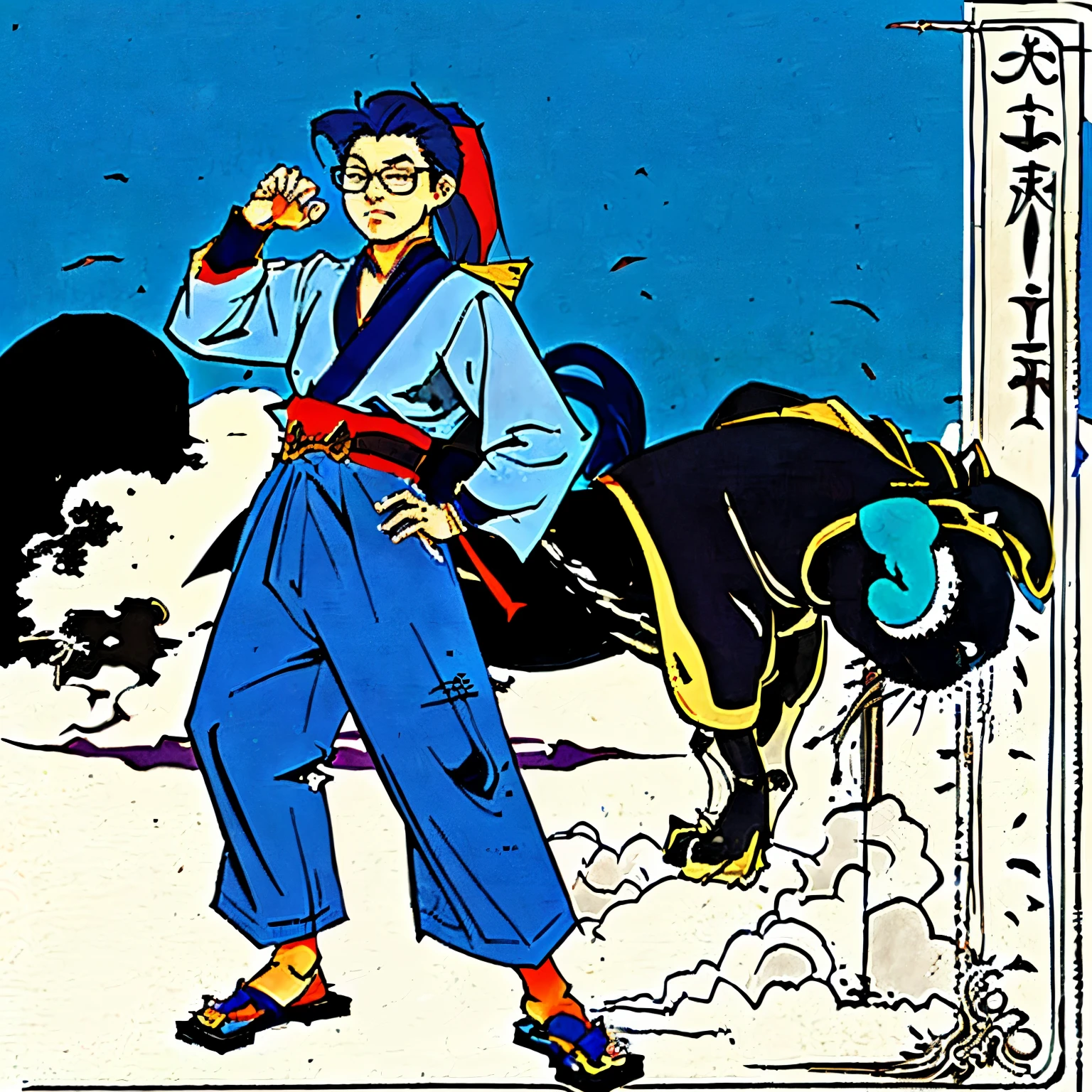 21 year old japanese blue haired boy with a pony tail, glasses and a katana