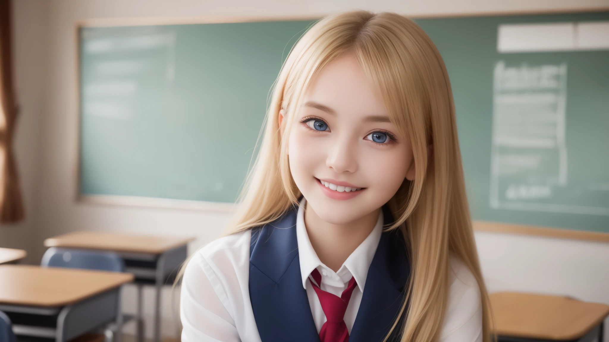 (1girl), 18yo, (big round eyes), (western features), enchanting smile, (blonde hair, blue eyes), (high school uniform:1.2), (Highest Quality: 1.4), (Super Detailed), (Best Quality:1.4), (Ultra-detailed), evening, Extremely high resolution, (upper body), face close up, (school, classroom), school anime, anime illustration,