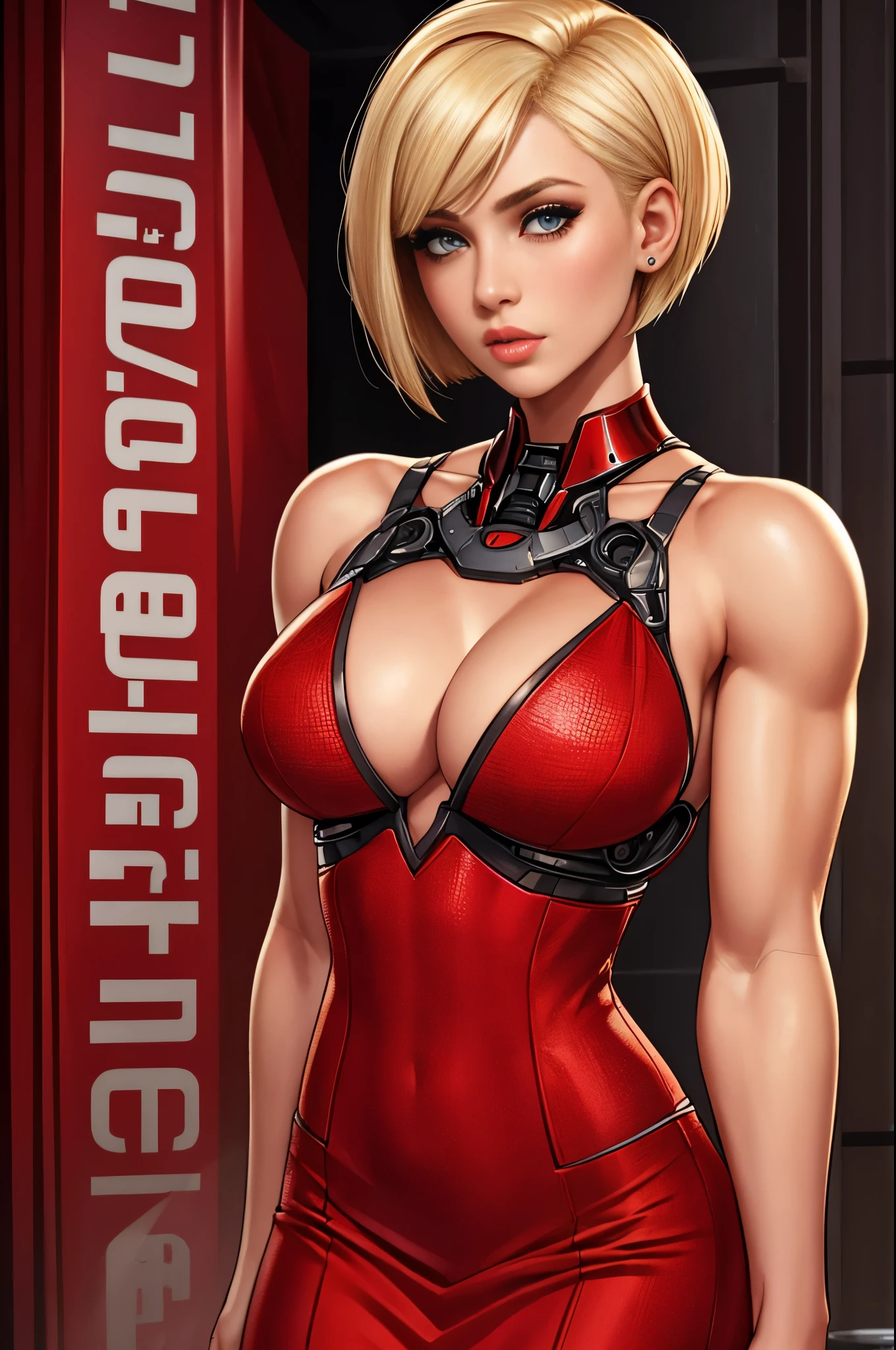 short red dress, undercut platinum bobcut blonde hair, beautiful detailed eyes, beautiful detailed lips, small breasts, fit and muscular physique, short hair, confident expression, strong and capable posture, cybernetic enhancements