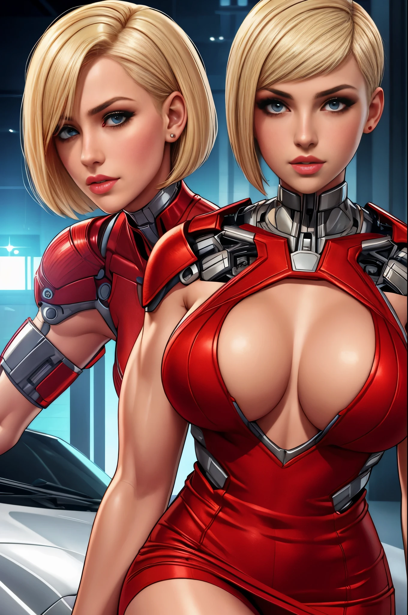 short red dress, undercut platinum bobcut blonde hair, beautiful detailed eyes, beautiful detailed lips, small breasts, fit and muscular physique, short hair, confident expression, strong and capable posture, cybernetic enhancements