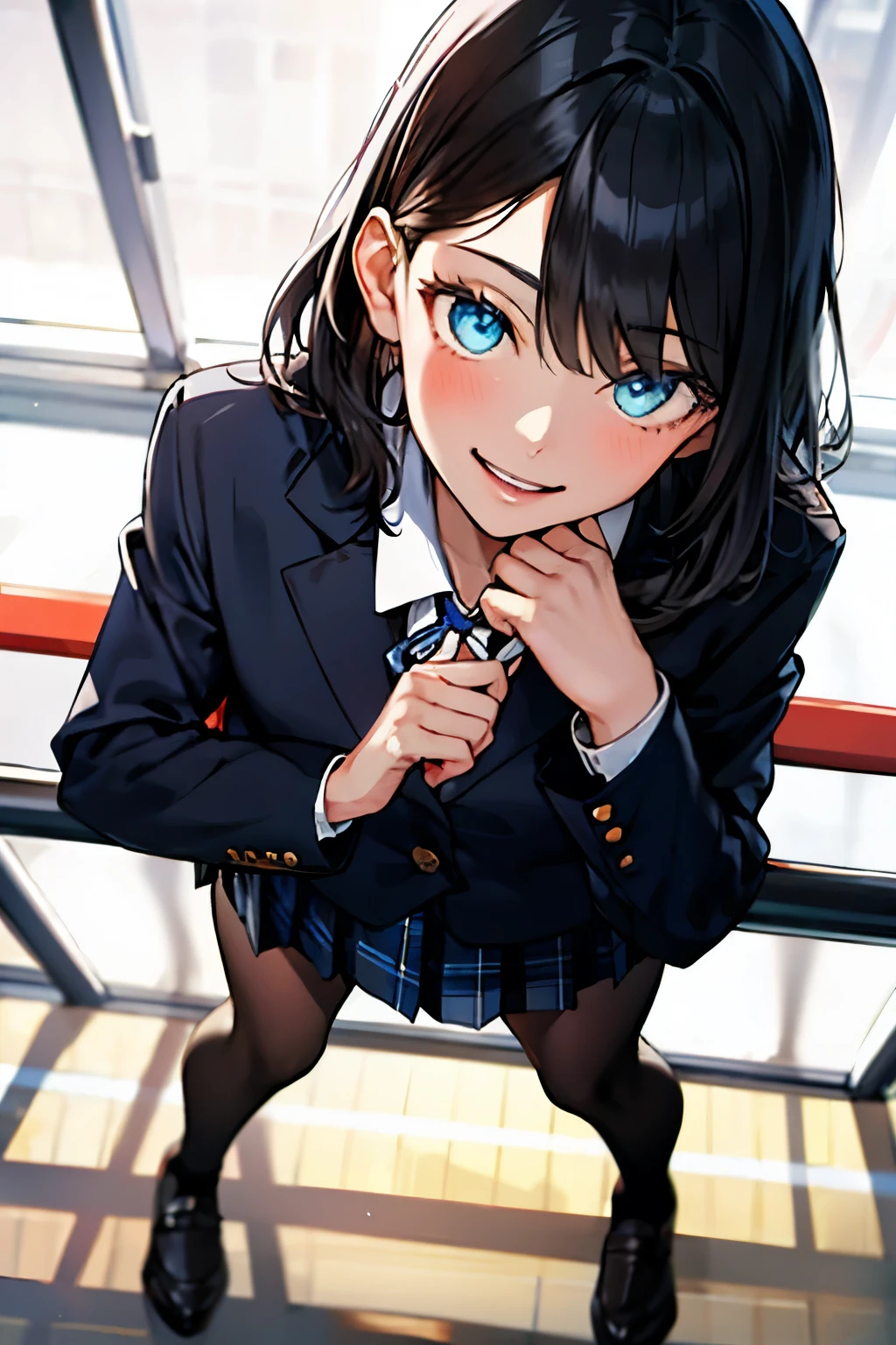 photo of sexy 1girl, tall,leggy,smile,standing in neat rows, in the school gymnasium, wearing NAVY Blazer , long sleeve, WHITE shirt, shiny blue ribbon,pleated tartan_check_mini_skirt, beautiful eyes, shiny black hair,BLACK short socks, full body shot, closeup shot, from front, from below, dutch angle shot, wide view,