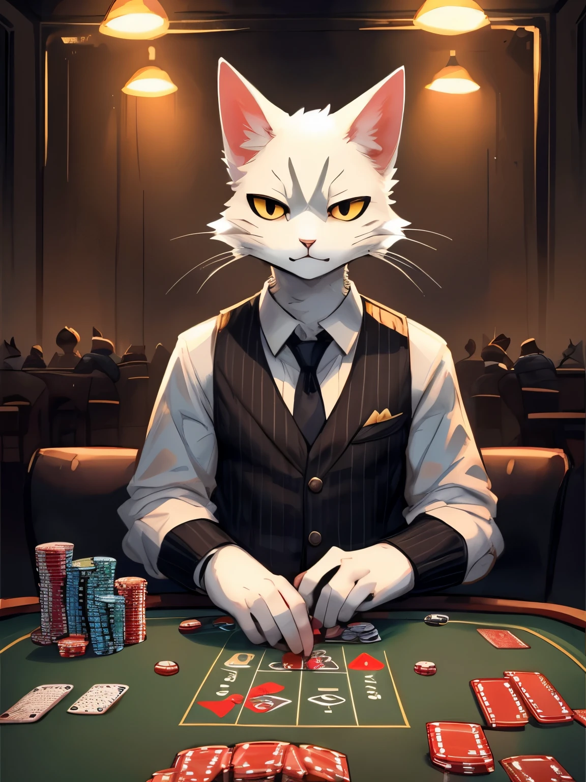 ((от bebebebebe, от zackary911, (guy cat :1.5). snow-white fur, knitted vest and shirt, trousers, Best quality, masterpiece, Ideal Anatomy, detailed, slim, thin, gambling mood , dirty ink, cards, Poker, sly facial expression, noir, smoky room, Soft light, Hear this news, bring my gold, Evil will come, if you call my name,