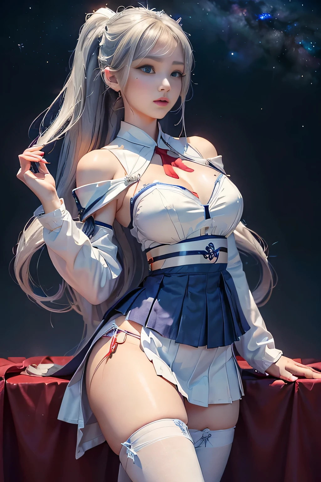 blonde gray hair, hair straight, Spread your hair, long whitr hair, students shine, Long eyelashes, eBlue eyes, cosmetics, ssmile, colorfield painting, Contemporary art,Double whirlwind pattern design garment,Heterochromic iris pupils,((Girl with silver ponytail))((Off-the-shoulder white sailor suit)),((red necktie))、((Navy detail flare miniskirt))((blackstockings))((black heels))、free hd wallpapers,cropped shoulders、((Erect nipples))、(Puffy eyes:1.2)、 (Thin leg),(The light shines on the face and chest)、(((((underbust)))))、Lower breast、oilly skin、Skinny、 (The underside of the chest is slightly visible),(Visible milk volume、I can see your belly button and ribs)、Hip bones and lower abdomen clearly visible、Dark blue flared skirt、(lifting up skirt),((White T-back panties visible)),((Milky Way in the background))、 Northern Renaissance, bblurry, blend, from below, From the side Side, Panorama Figures, ultra-wide-angle, wide angles, F/1.8, 135mm, kanon, north african free trade area, retinas, On the table, meticulously made, Anatomically correct, skin texture, super detailing, high detal, high qulity, A high resolution, 1080p, hdd, 4K, 8K, Highest quality, a sexy pose , (cheer girl), Sefuku, Japan School Water Uniform, Dark blue pleated skirt:1.27), (from below, white thong, 1.24),(top-quality)、 (masterpiece)、(profesional lighting,There are fewer shadows)、 (Surreal)、 (perfect anatomia)、 (in front of camera、There are two women、bangs and forehead、And moles under the eyes), (Brightening and even skin,No wrinkles and no steps:1.5), (A beautiful Blue eyes,Long eyelashes and red tear pockets:1.5), (The two men proudly held up their chests in front of the camera.:1.2), (There is another person on the other side、Turning backwards,Arched hips)、