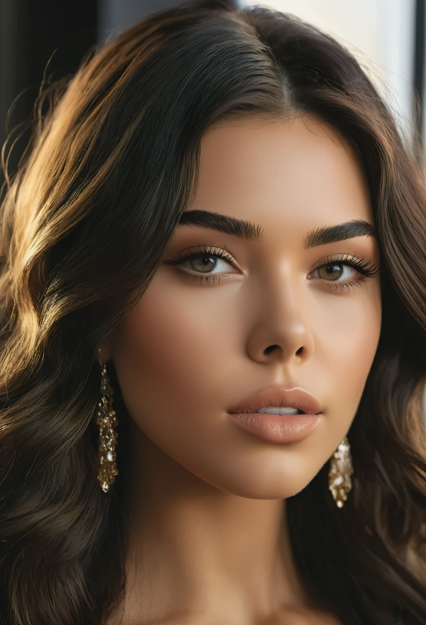 A photorealistic portrait of a captivating woman in her mid-20s. Her face embodies the refined beauty of Madison Beer, the striking elegance of Kendall Jenner, and the effortless grace of Gigi Hadid. Her skin radiates with a healthy glow, her lips are delicately plump and kissable, her eyes sparkle with intelligence and warmth, and her hair cascades in waves of auburn or raven black. Her expression is serene and captivating, exuding an aura of confidence and tranquility. She is the epitome of modern beauty, a vision of loveliness that will linger in your memory long after you've seen her.