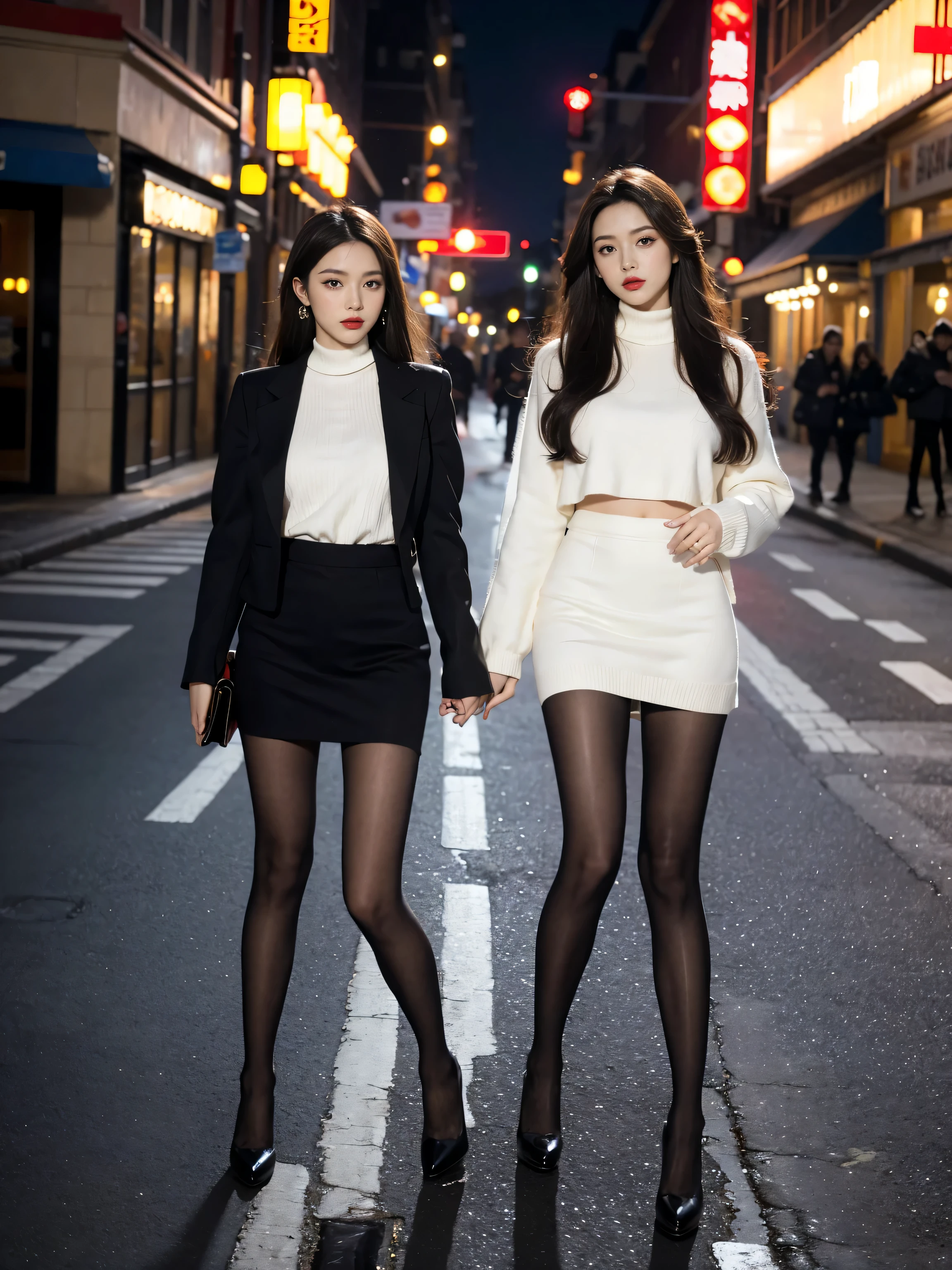 best quality,masterpiece,ultra high resolution,(actual:1.4),original photo,ultra high definition,lifelike,Surrealist 8K,1 girl,tall,long legs,Exquisite makeup,red lip big wave,Royal Sister Fan,fashionable clothes,tight bottoming skirt,Black pantyhose,High heel,Outdoors during the day,walking street,street photography,Super cool,model