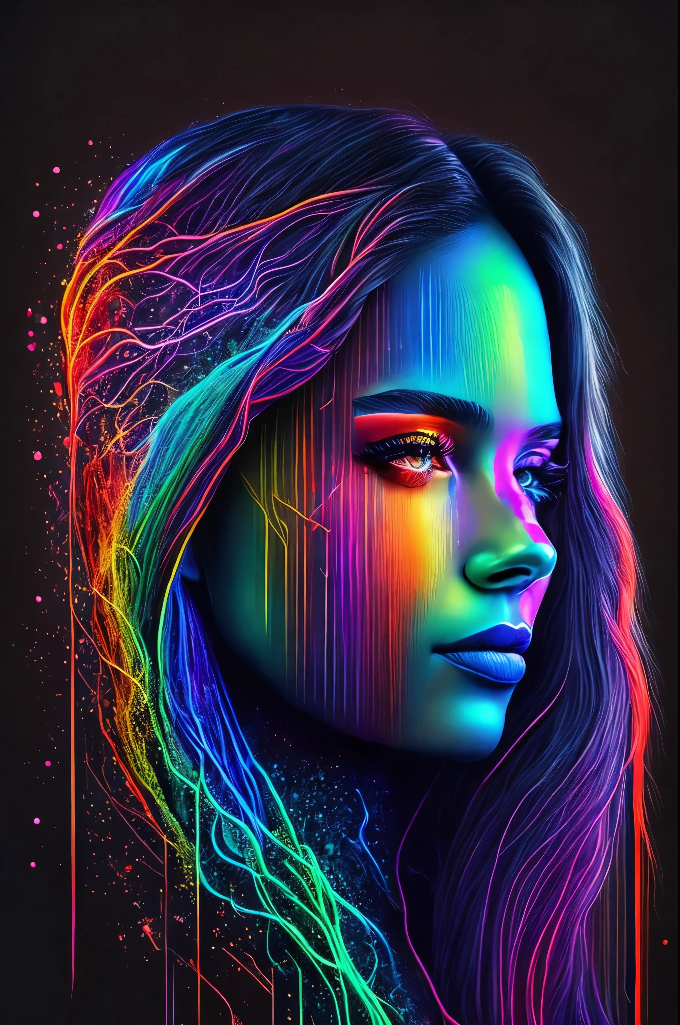 masterpiece, best quality, extremely detailed, hyperrealistic, neon-light-effect, a digital painting of a woman's face, ultra detailed face:1.1, cool neon colors, vector art, psychedelic art, intricate neon circuit pattern, avatar image, shiny hair, neon outlines, art cover illustration, cosmic space background, ethereal atmosphere, cosmical concept, rainbow strings, rainbow skin, rainbow bloody veins growing and intertwining out of the darkness
