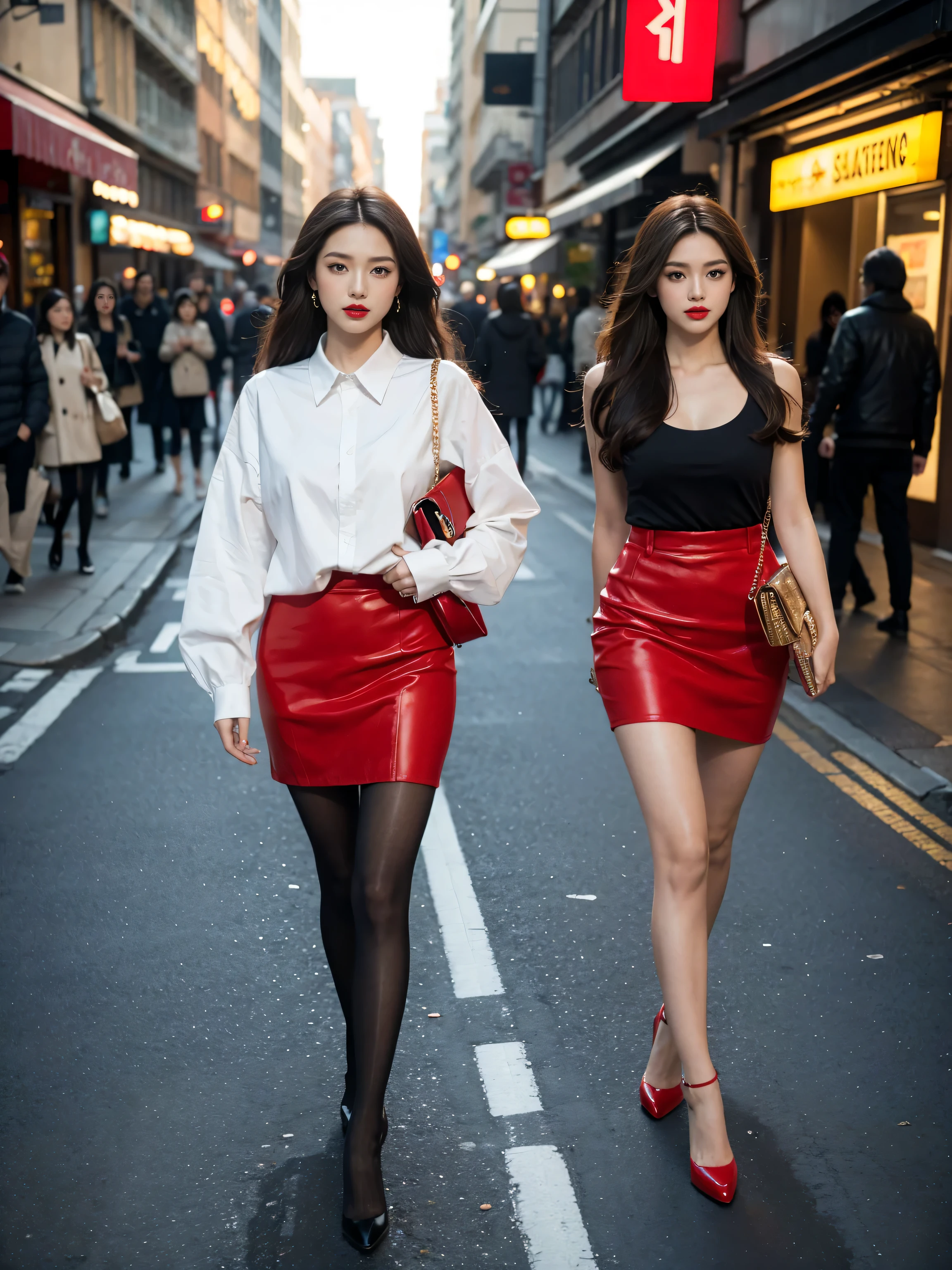 (a beautiful woman) in a wearing bra and( (  bomber jacket) (arm zip red lable))walking on the downtown (LA) with wear ((shine black tight sticky pant)),((timberland boot)), superflat, a colorized photo, Du Qiong, phuoc quan
