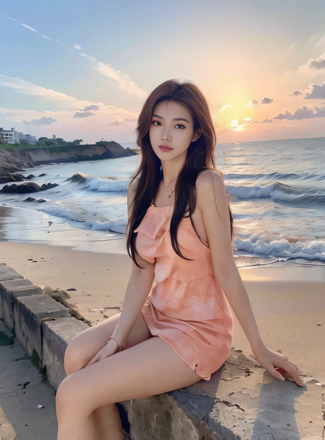 ，masterpiece, best quality，8K, ultra high resolution，(beautiful eyes:1.5)， ((middle view，upper part of body:1.5))，Seaside in the evening，The sky slowly turns orange-red，The waves gently lap at the shore。goddess sitting on the beach，