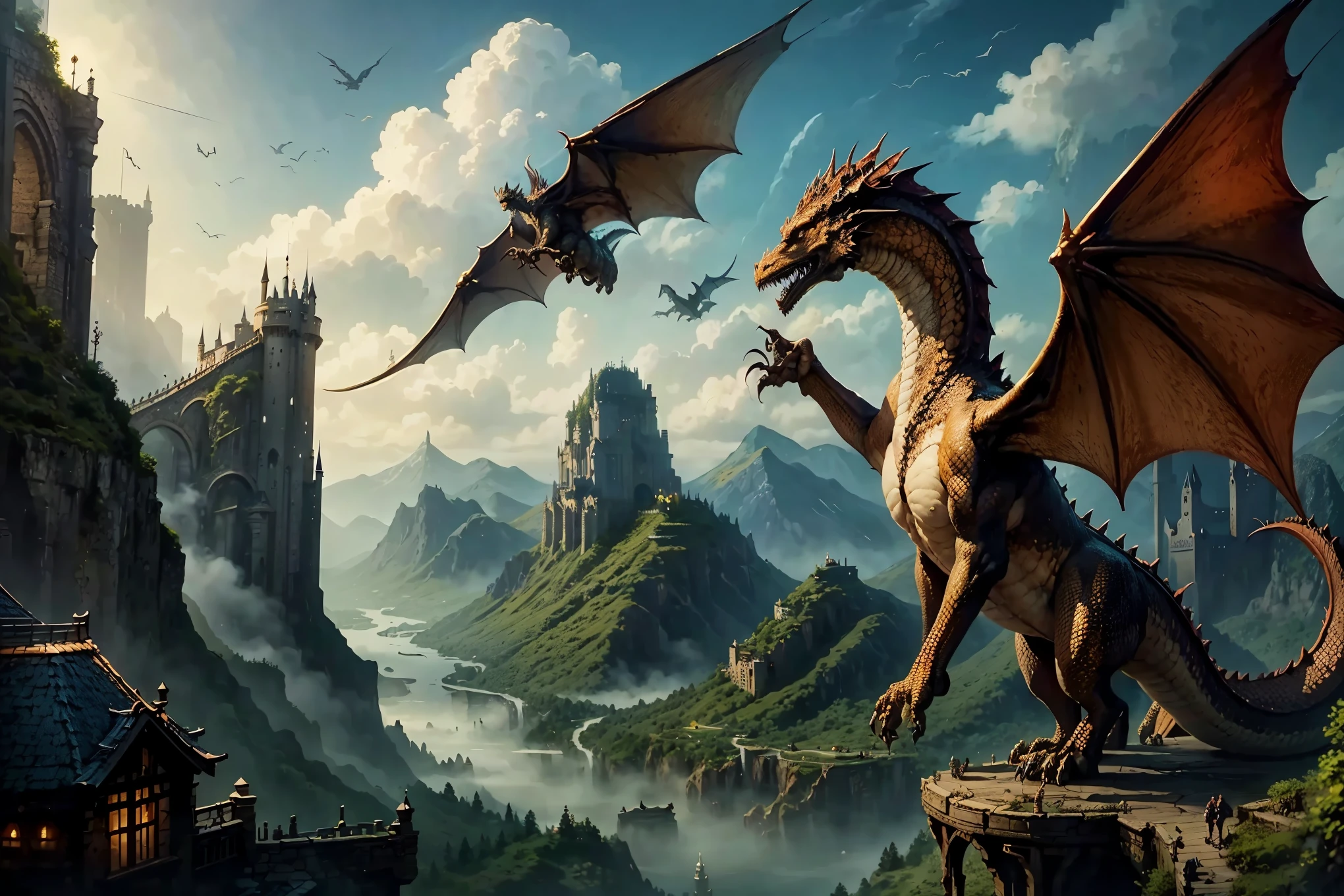 dragons flying over a castle with a river and mountains in the background, hyperrealistic d & d fantasy art, d & d fantasy digital art, dragons, fantasy art behance, epic fantasy illustration, dungeon and dragons art, epic fantasy game art, realistic fantasy illustration, dragons flying around, d & d fantasy digital painting, dragons flying in the sky