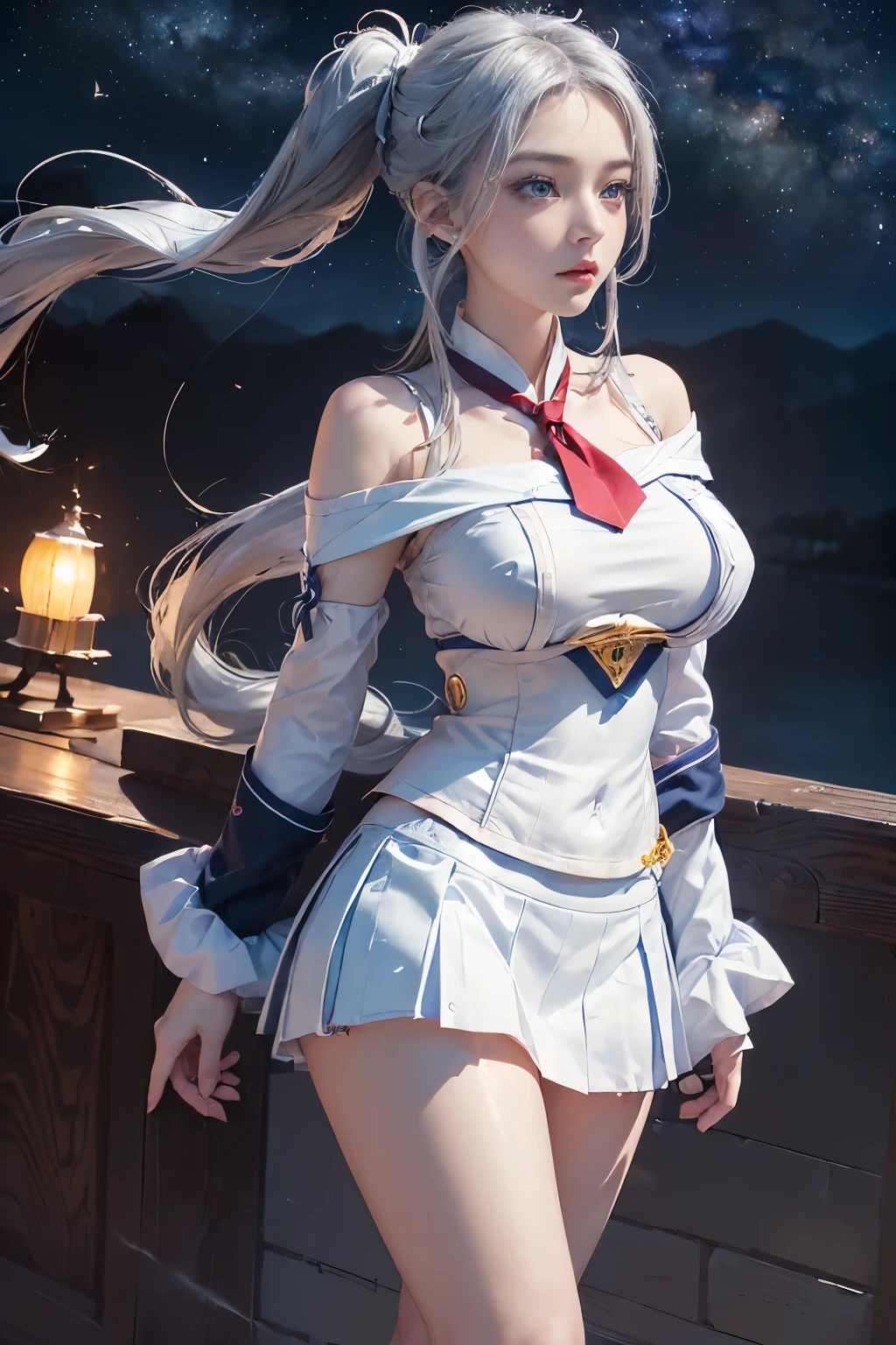 blonde gray hair, hair straight, Spread your hair, long whitr hair, students shine, Long eyelashes, eBlue eyes, cosmetics, ssmile, colorfield painting, Contemporary art,Double whirlwind pattern design garment,Heterochromic iris pupils,((Girl with silver ponytail))((Off-the-shoulder white sailor suit)),((red necktie))、((Navy detail flare miniskirt))((blackstockings))((black heels))、free hd wallpapers,cropped shoulders、((Erect nipples))、(Puffy eyes:1.2)、 (Thin leg),(The light shines on the face and chest)、(((((underbust)))))、Lower breast、oilly skin、Skinny、 (The underside of the chest is slightly visible),(Visible milk volume、I can see your belly button and ribs)、Hip bones and lower abdomen clearly visible、Dark blue flared skirt、(lifting up skirt),((White T-back panties visible)),((Milky Way in the background))、 Northern Renaissance, bblurry, blend, from below, From the side Side, Panorama Figures, ultra-wide-angle, wide angles, F/1.8, 135mm, kanon, north african free trade area, retinas, On the table, meticulously made, Anatomically correct, skin texture, super detailing, high detal, high qulity, A high resolution, 1080p, hdd, 4K, 8K, Highest quality, a sexy pose , (cheer girl), Sefuku, Japan School Water Uniform, Dark blue pleated skirt:1.27), (from below, white thong, 1.24),(top-quality)、 (masterpiece)、(profesional lighting,There are fewer shadows)、 (Surreal)、 (perfect anatomia)、 (in front of camera、There are two women、bangs and forehead、And moles under the eyes), (Brightening and even skin,No wrinkles and no steps:1.5), (A beautiful Blue eyes,Long eyelashes and red tear pockets:1.5), (The two men proudly held up their chests in front of the camera.:1.2), (There is another person on the other side、Turning backwards,Arched hips)、