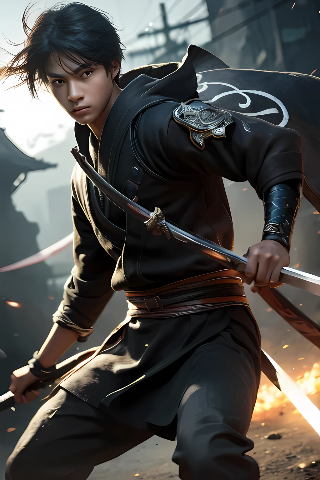 (a teenager male swings a Japanese sword),(handsome male), (hanfu), dark skinned male, dark skin, ink water surrounded,wind surrounded, clear face, clear and bright eyes, high detail, Full Body, cinematic lighting, motion blur, ray tracing, reflection light, (close-up), masterpiece, best quality, high quality, high details, super detail, 1080P, UHD, HD, Character designs, photorealistic, unreal machines, concept art, trending on art station, ((realistic)), looking at the viewer, Fantasy art, amazing gradient color, incredible detail,absurd, HDR.