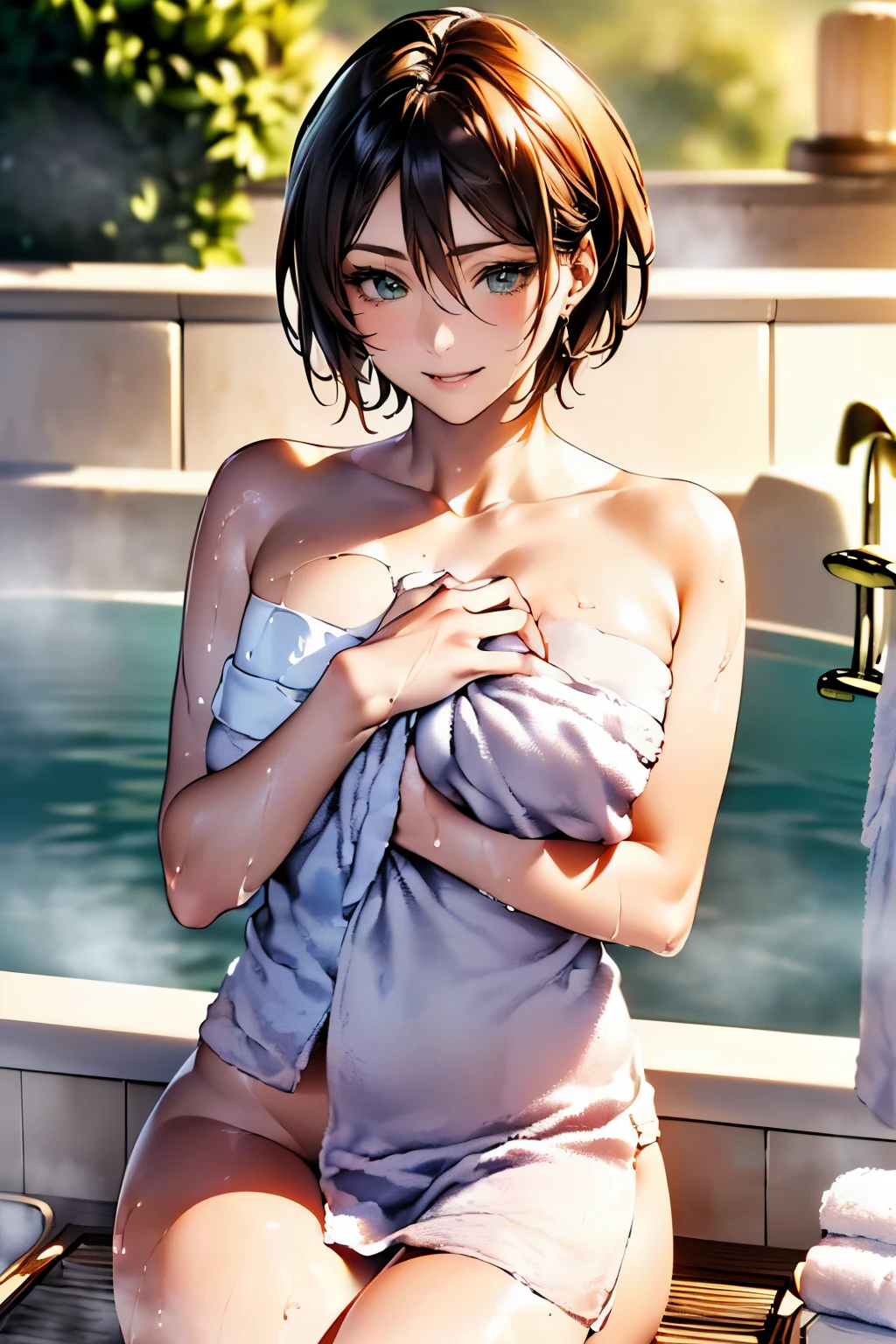 (masterpiece:1.2, highest quality), (realistic, photorealistic:1.4), beautiful illustrations, (natural side lighting, movie lighting),
looking at the viewer, face focus, Upper body, ((1 female:1.9)), Japanese, perfect face, perfect body, Cute symmetrical face, shiny skin, baby face, medium breasts:1.7,
((very short hair:1.6, light brown hair)), hair between eyes, emerald green eyes, seductive thighs, thin,
beautiful hair, beautiful face, thin and beautiful eyes, beautiful clavicle, beautiful body, beautiful breasts, beautiful thighs, beautiful feet, beautiful fingers,
((A figure with a bath towel wrapped around his chest:1.6)),
((beautiful scenery, evening, ((open-air bath:1.9)), cute smile)), ((NFSW:1.5))