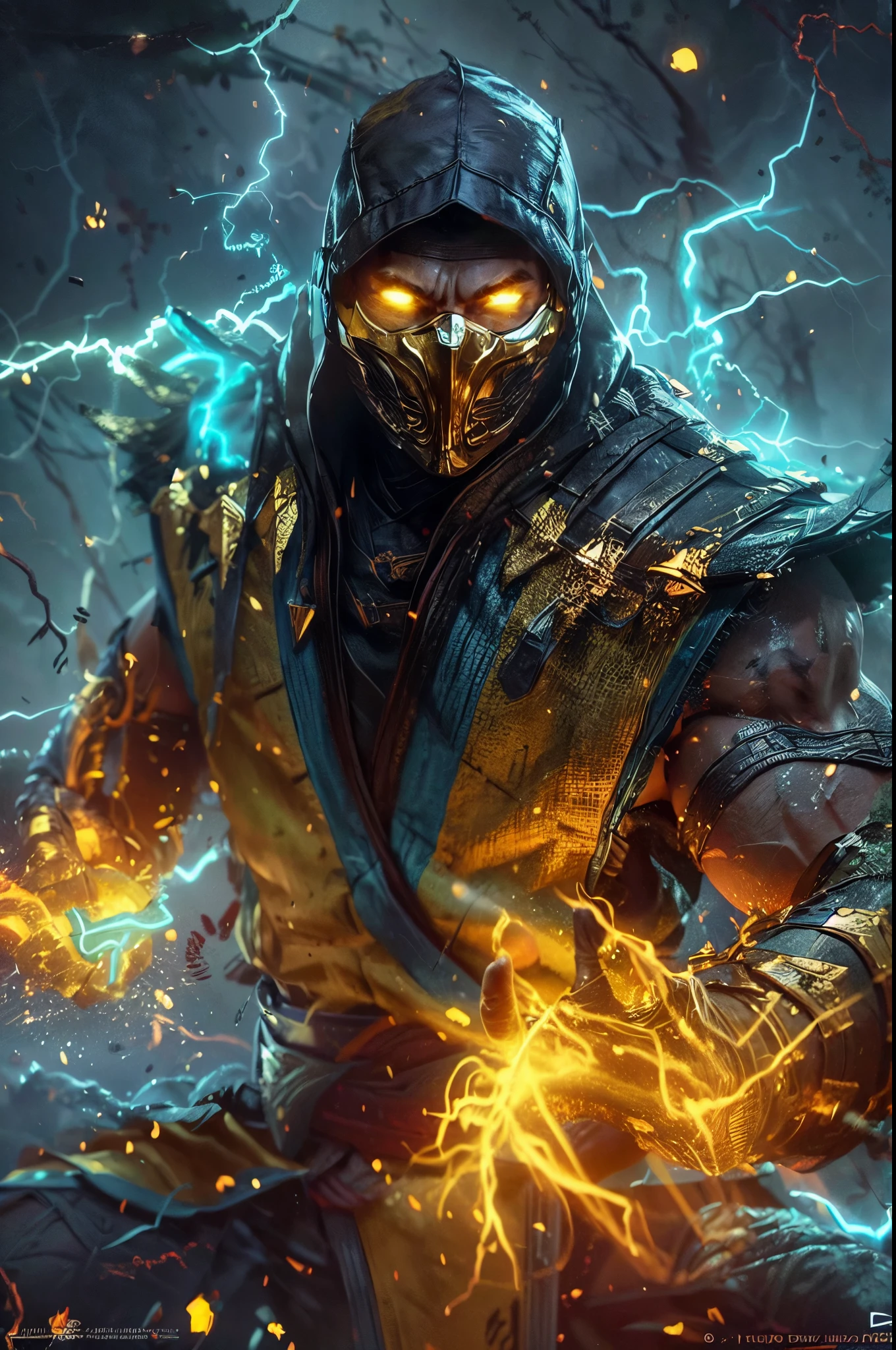 a close up of a person with a lightning and a helmet, character from mortal kombat, hq 4k phone wallpaper, mortal kombat 11, hq 4k wallpaper, scorpion from mortal kombat, badass anime 8 k, wallpaper 4k, wallpaper 4 k, trending on artstation 4k, 4k detailed digital art, in mortal kombat, 8k high quality detailed art