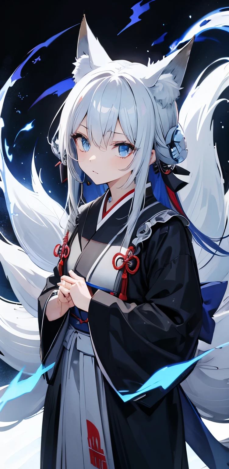 gray hair、blue eyes、black hakama、fox ears、fox tail、Japan、scared、girl、inflammation