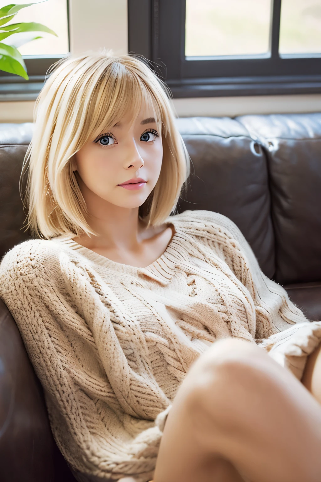 1 girl,sitting on a cozy sofa,cross your legs,soft light、clean nose、Big eyes、Asian、gal、blonde hair close to white、bangs straight bob hair、looks like a foreigner、(Realistic depiction 1,2)