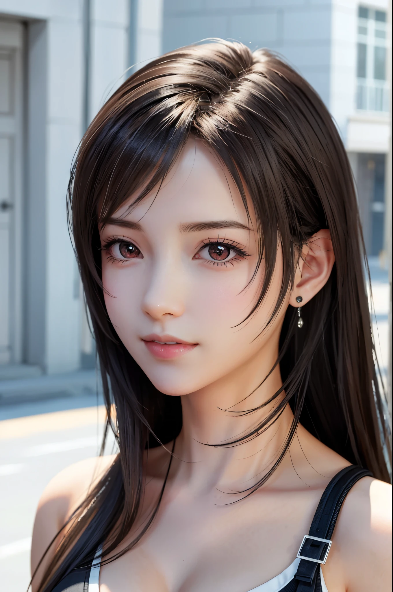 (top quality, masterpiece), BREAK (((FF7,Tifa_lockhart))),(solo,Tifa:1.2), (autumn,walking, outdoor),(cute pose:1.3),Ultra-detailed face, Detailed eyes, Red eyes, BREAK (((FF7,Tifa_lockhart))), (black brown hair, big breast: 1.5), BREAK About 18 years old,kawaii,smile:1.1,