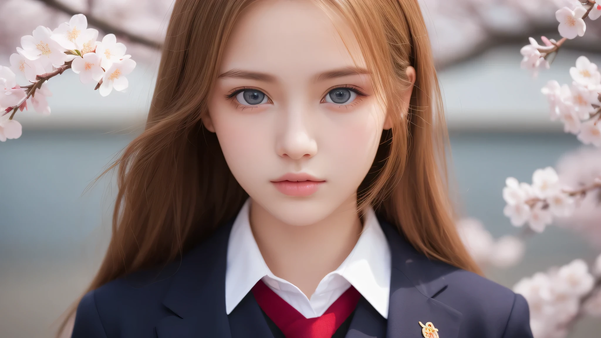 (1 girl), 18-year-old, (big round eyes), (Western features:1.2), expressionless face, (blonde hair, blue eyes), (high school uniform:1.2), (highest quality: 1.4), (Super detailed), (highest quality:1.4), (Super detailed), evening, very high resolution, (Upper body), close up face, cherry blossomsの木, cherry blossoms,