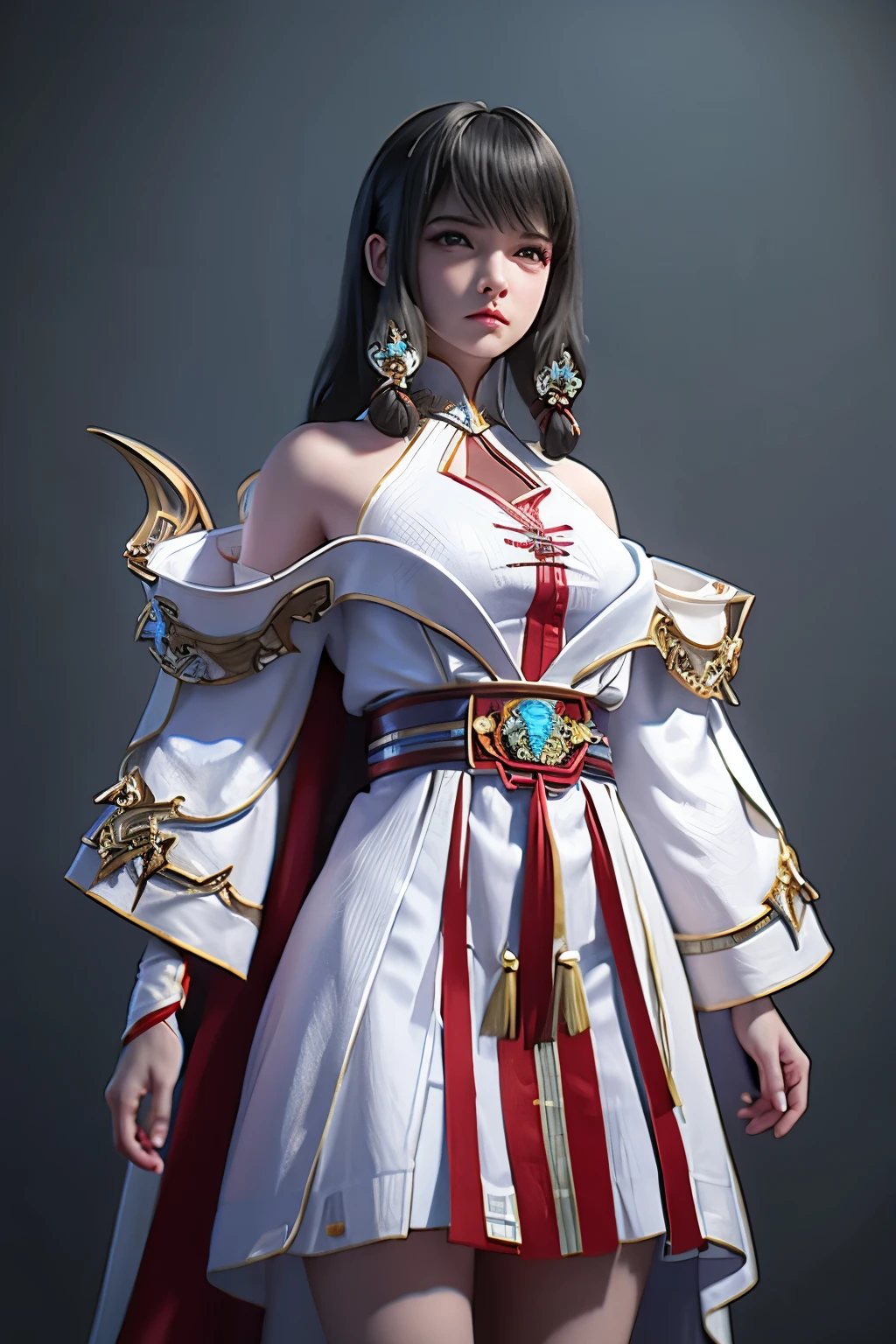 ((HRD, HUD, 8K)),((masterpiece, best quality)), highly detailed, (perfect anatomy:1.2),,1girl, solo, black hair, long hair, lips, blunt bangs, bangs, hair ornament, blue eyes, breasts,
dress, white dress, bare shoulders, jewelry,,grey background, simple background, (cowboy shot), standing, looking at viewer,