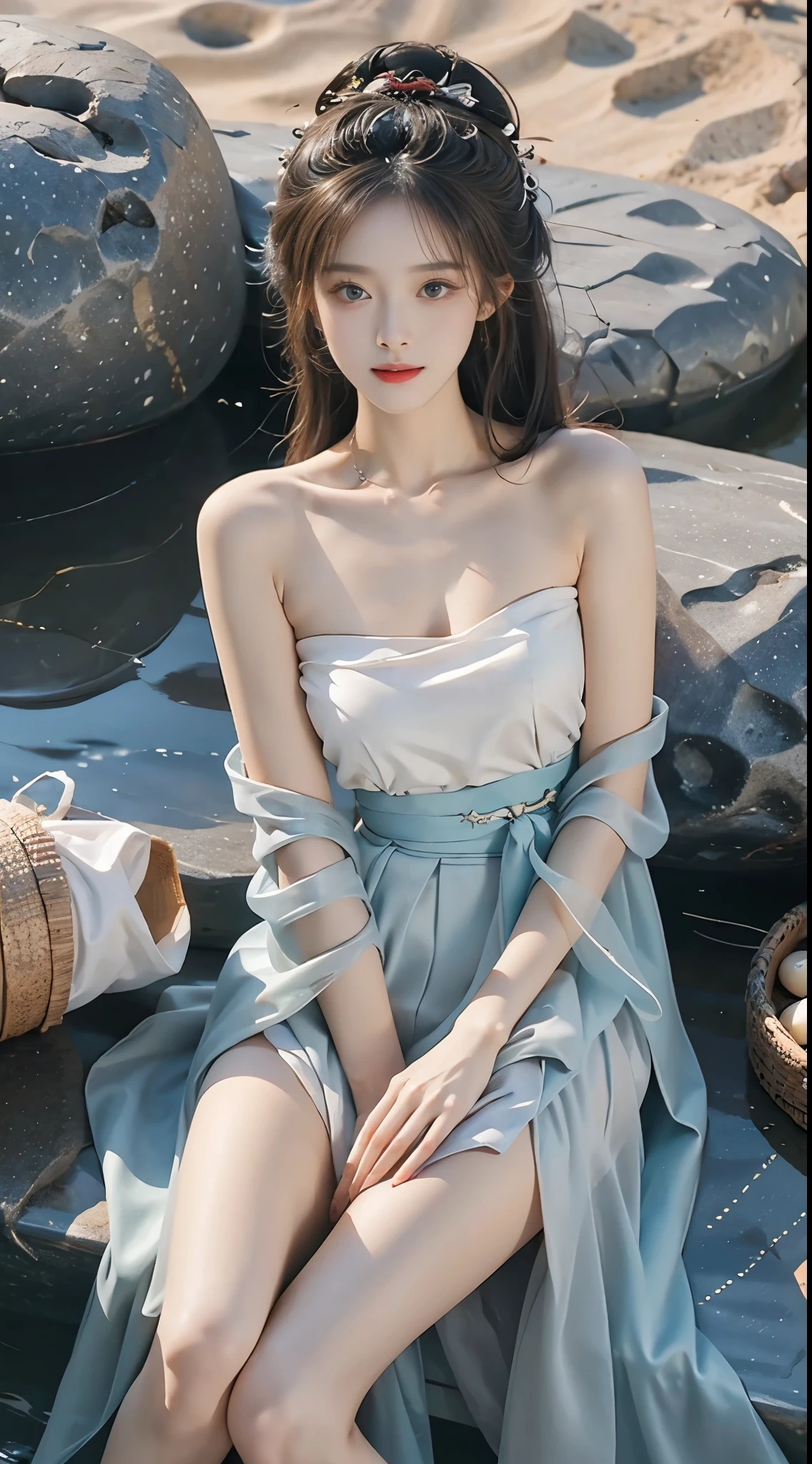 hanfu-song, hanfu, song theme, bandeau, tube top, (masterpiece, best quality:1.2), 1girl, solo, ((bare shoulders)), (actual:1.37), ((lying on a beach)), ((Bird&#39;s eye view shot)), Sweet maiden, beautiful妆容, Exquisite makeup, Extremely beautiful eyes, long hair, curls, slim body, big breasts, cleavage, Sexy slender legs, The skirt is short, Leaking sexy legs, elegant posture, best quality, correct, correct的手, correct的腿, 解剖学correct, official art, complex, detail的脸, detail, lifelike, Very detailed, amazing, beautiful, Young and energetic, Charming model, Meticulous CG Uniform 8k wallpaper